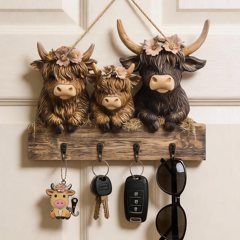 Wxeadu 2D Highland Cow Ornaments Key Holder, Bullhead Animal Wooden Key Hooks with 4 Hooks for Wall Mount, Decorative Coat and Towel Hanger for Entryway Hallway Farmhouse Rustic Home Decor