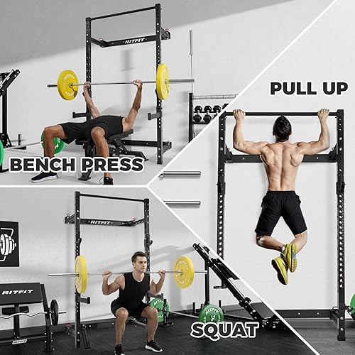 Miniatura 6 de RitFit Estante plegable multifuncional para gimnasio en casa, estante de sentadillas montado en la pared de 2.36 x 2.36 pulgadas con accesorios,