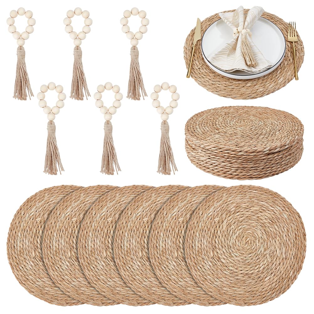 NBEADS 12 Set Gewebte Rattan Tischsets, 34.5cm Boho Gewebte Tischsets Set Tischmatten Mit 12 Stück Holz Serviettenringe Perlen Für Hochzeit Essen Wohnkultur Party Einstellungen