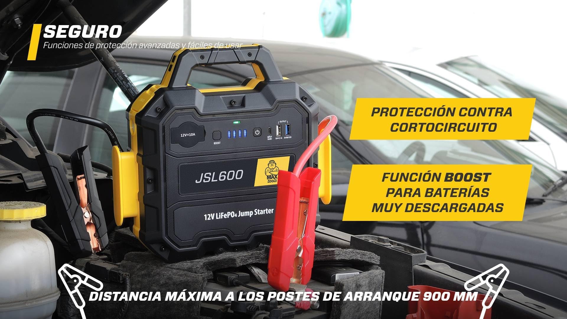 Maxtools, JSL600, Arrancador de Emergencia Profesional 12V 3600A para Coches, todoterrenos, vehículos Todo Terreno, autocaravanas y vehículos comerciales, Pack de batería y Cargador rápido QC3.0