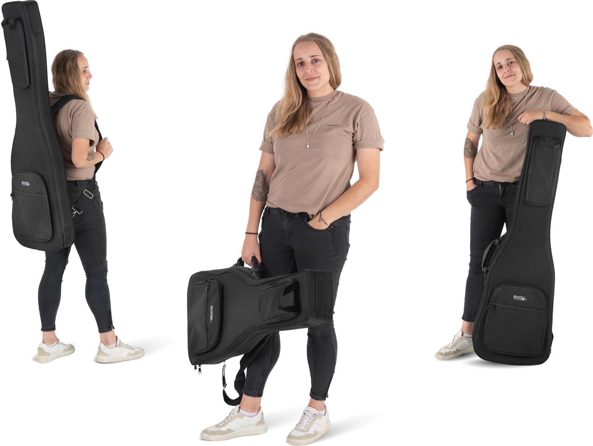 ROCKTILE EBSC-2124BK Funda Suave para bajo eléctrico, Acolchado Grueso, Soporte mástil Ajustable, 3 Bolsillos Grandes, Protege contra Humedad y Polvo, arnés Mochila retráctil, Color Negro.