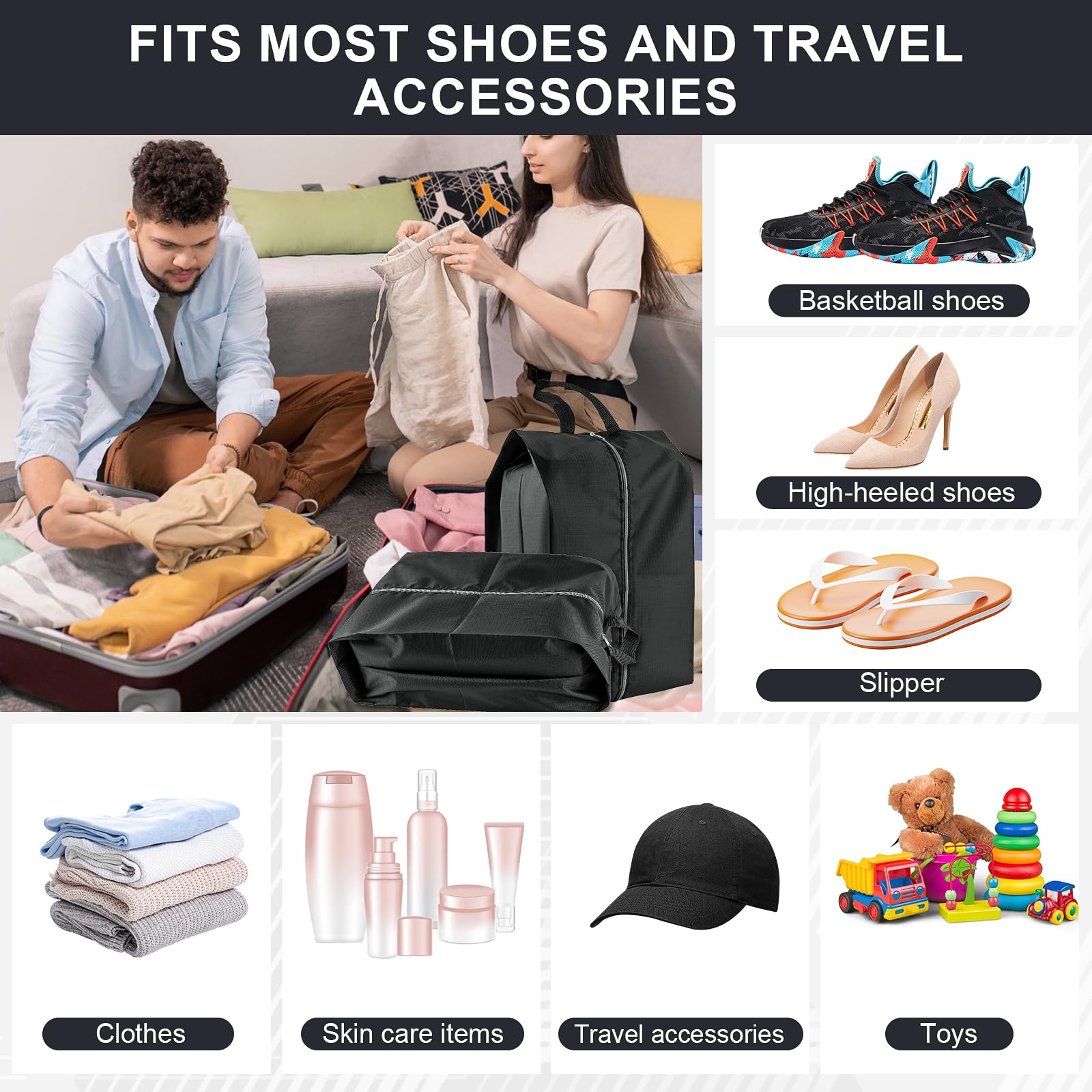 Sacchetti per scarpe da viaggio, confezione da 4 sacchetti per scarpe da viaggio extra resistenti per riporre e imballare, borsa riutilizzabile impermeabile con cerniera liscia, essenziale da viaggio