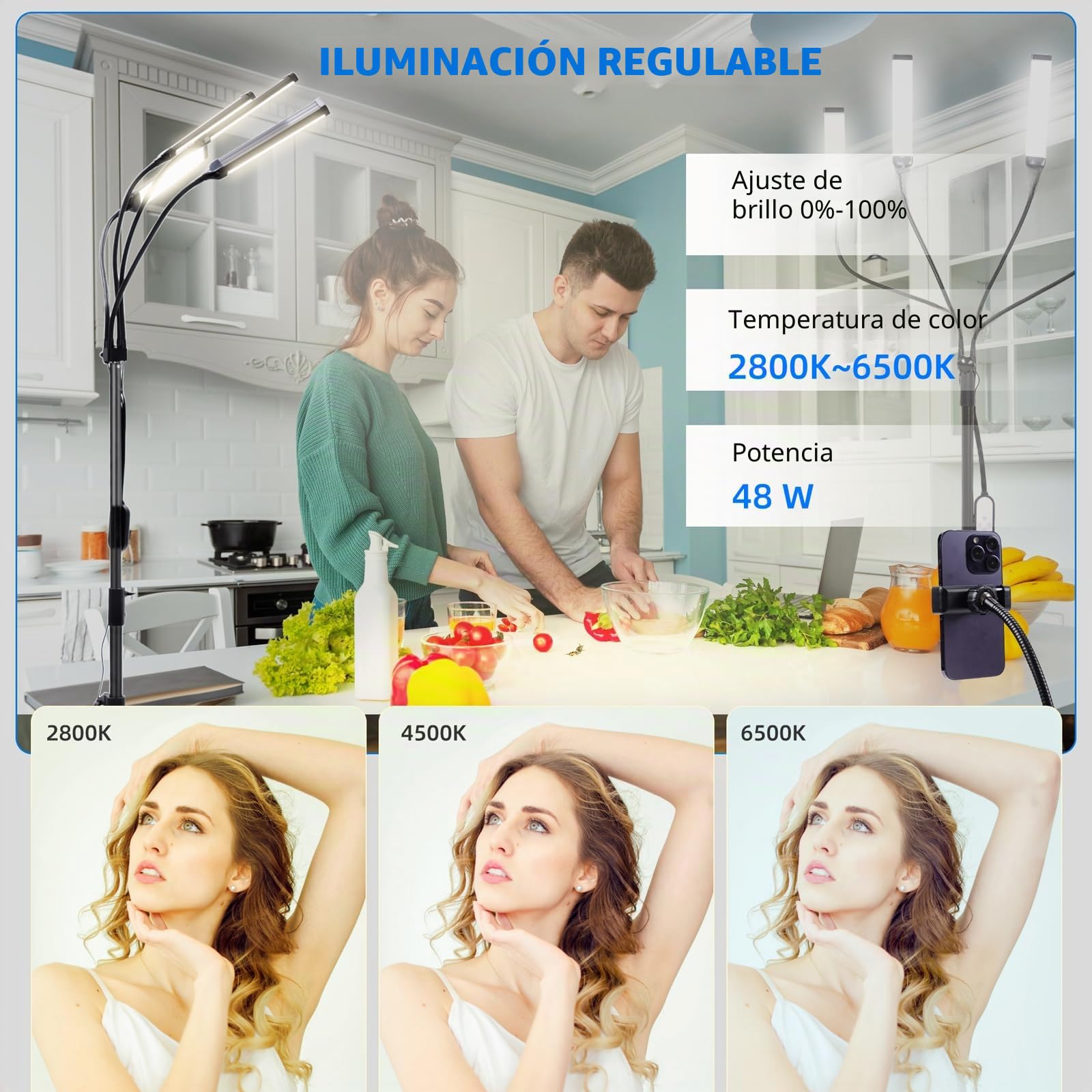 Luz LED de Cuatro Brazos para Fotografía, Lámpara Cosmética, Luz de Pestañas con Trípode y Soporte para Teléfono para Maquillaje, Pestañas, Cejas, Tatuaje, Manicura, Stream, Fotografía de Producto