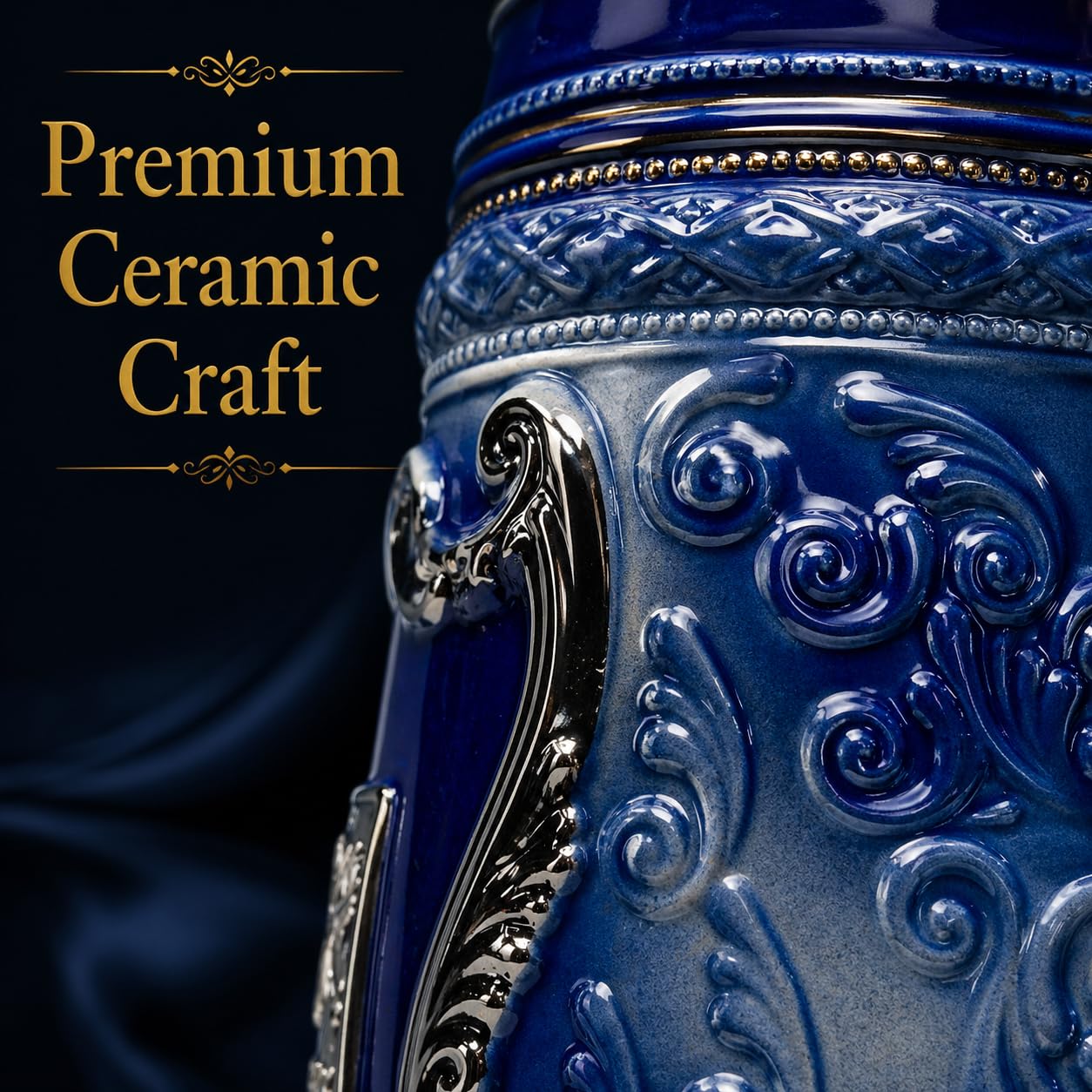 Tazza in ceramica blu cobalto da 1 litro con stemma del Bayern Germany inciso medaglione in metallo e coperchio in metallo ornato