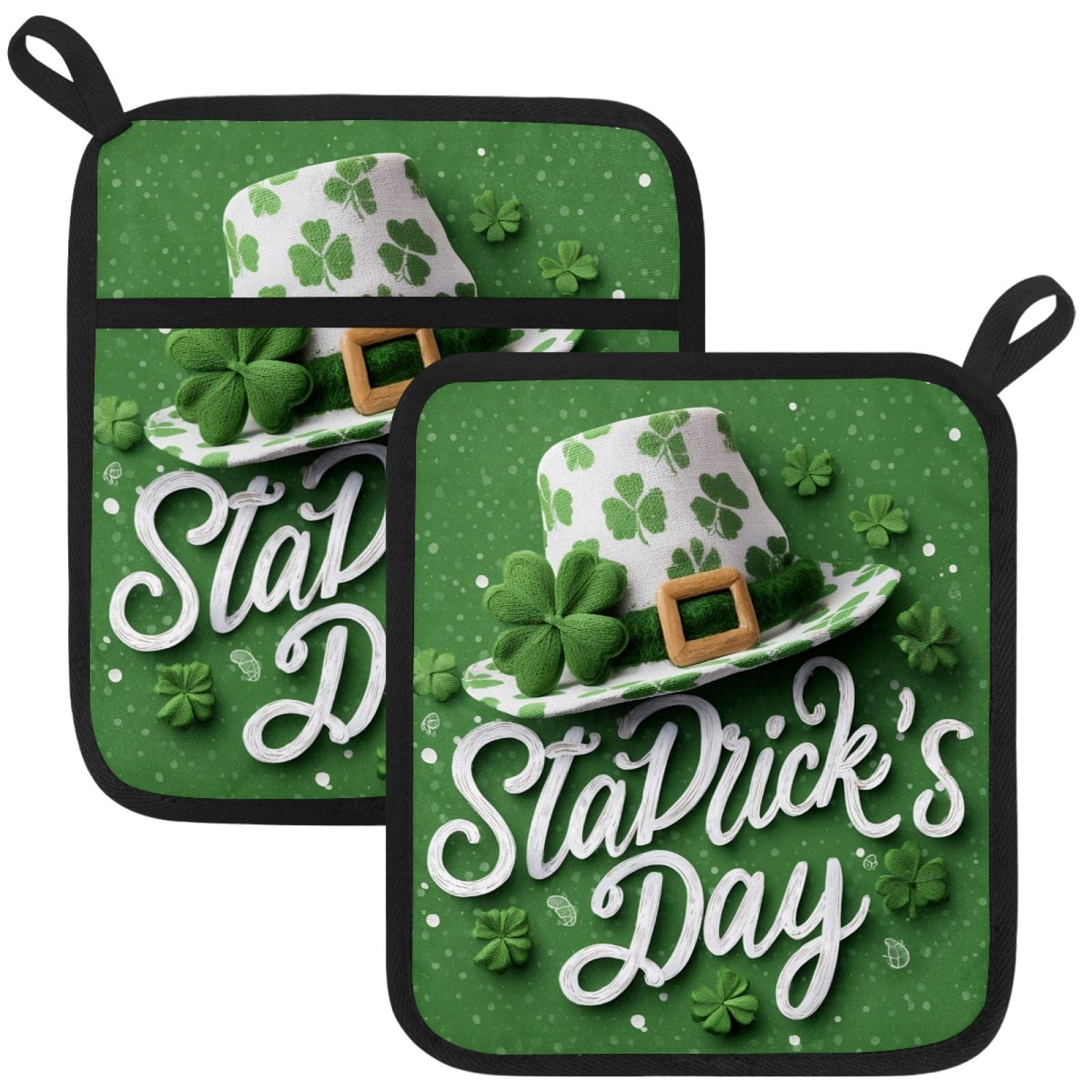 VAPOKF Happy St. Patrick's Day Heat Resistant Pot Holders, Thick Pot Holders Pad with Hanging Loop for Kitchen, Oven Cloth Pads for Kitchen Baking Microwave Oven