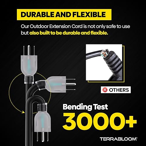 Miniatura 3 de SJEOW - Cable de extensión para exteriores de 15 pies, 123, goma flexible, triple tomacorriente, cable negro con indicador de luz de alimentación