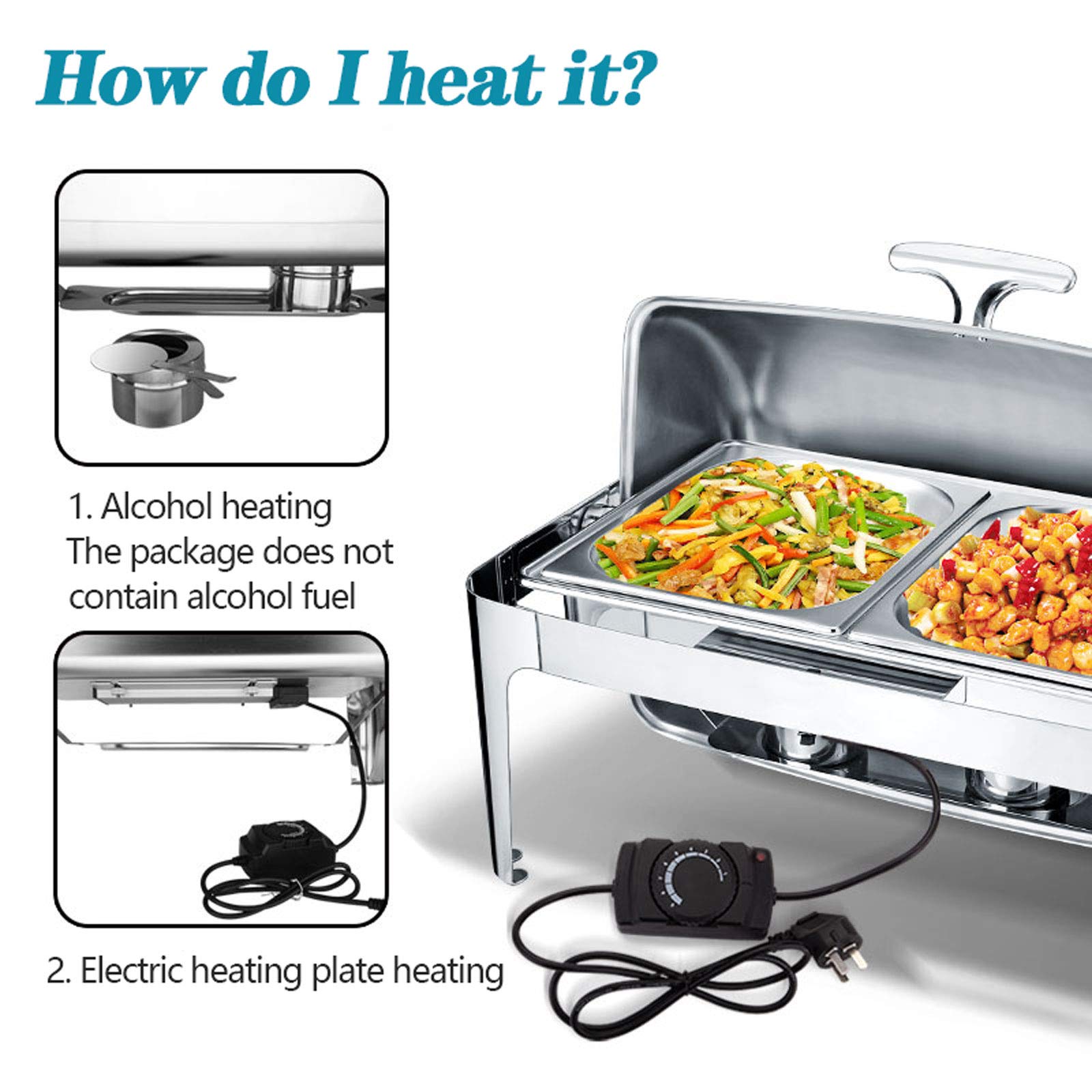 Chafing Dish Elettrico, 9L Scaldavivande Contenitore Scalda Cibo Acciaio Inox, Contenitore Termico per Alimenti Professionale per la Festa, 400W
