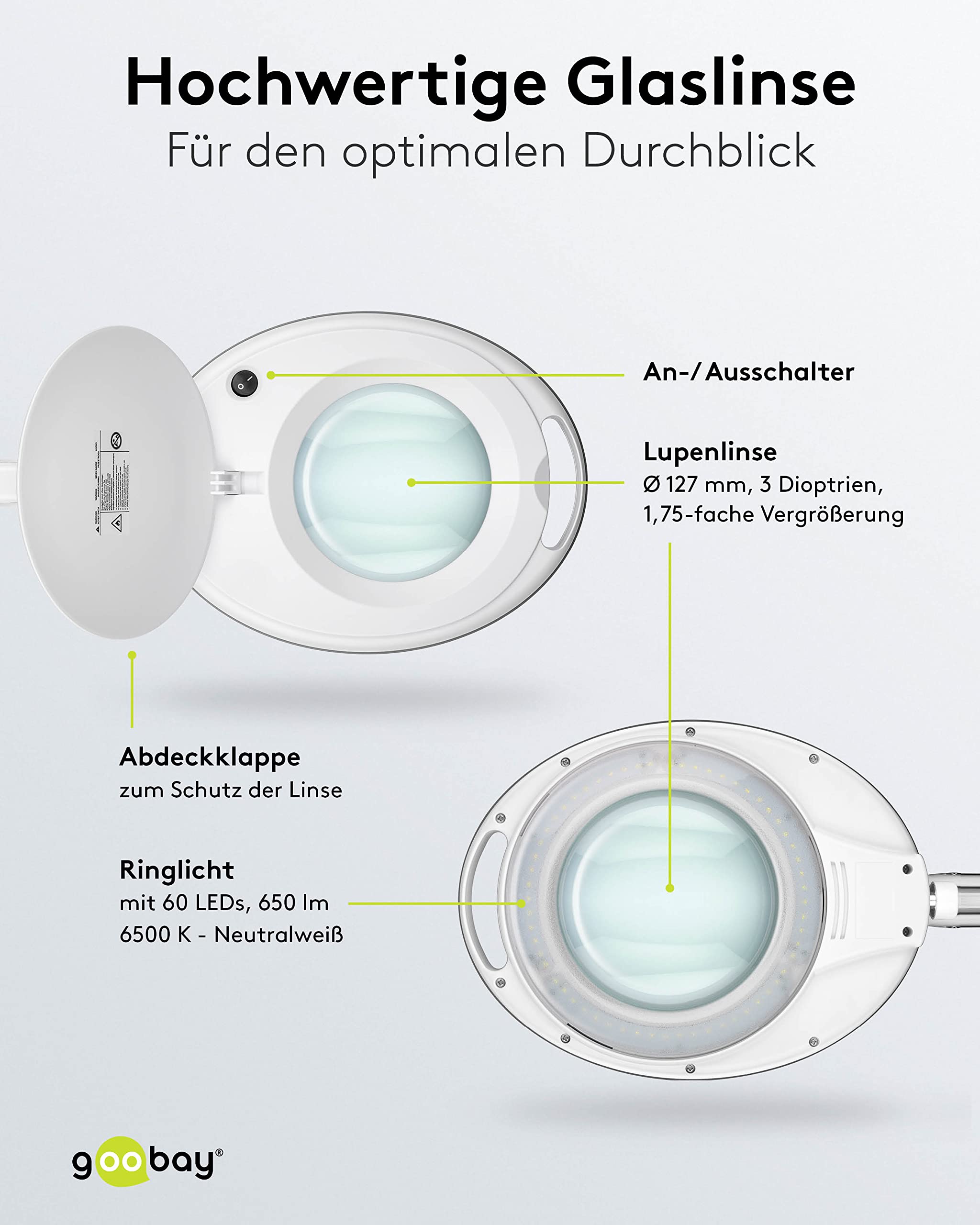 goobay Lampa z lupą/lampa LED z tworzywa sztucznego/pobór mocy 8 W, temperatura barwowa 6500 K/strumień świetlny 650 lm/napięcie robocze 230 V (AC) 60361, biała