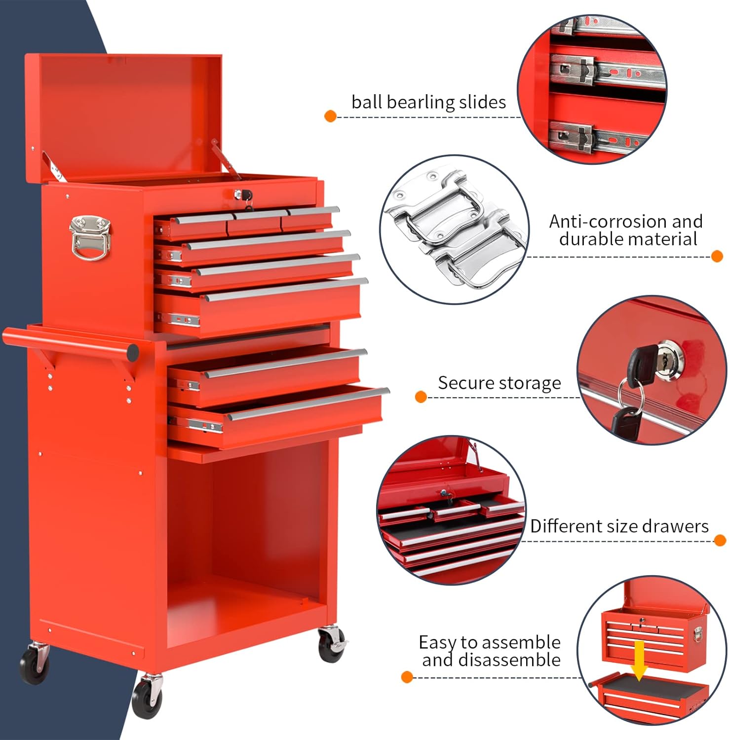 8-Drawer Rolling Tool Chest & Removable Tool Box with Locking System, Tool Box Organizer with 4 Wheels&Hooks, Large Capacity Garage Storage Cabinet for Warehouse and Repair Shop(Red)