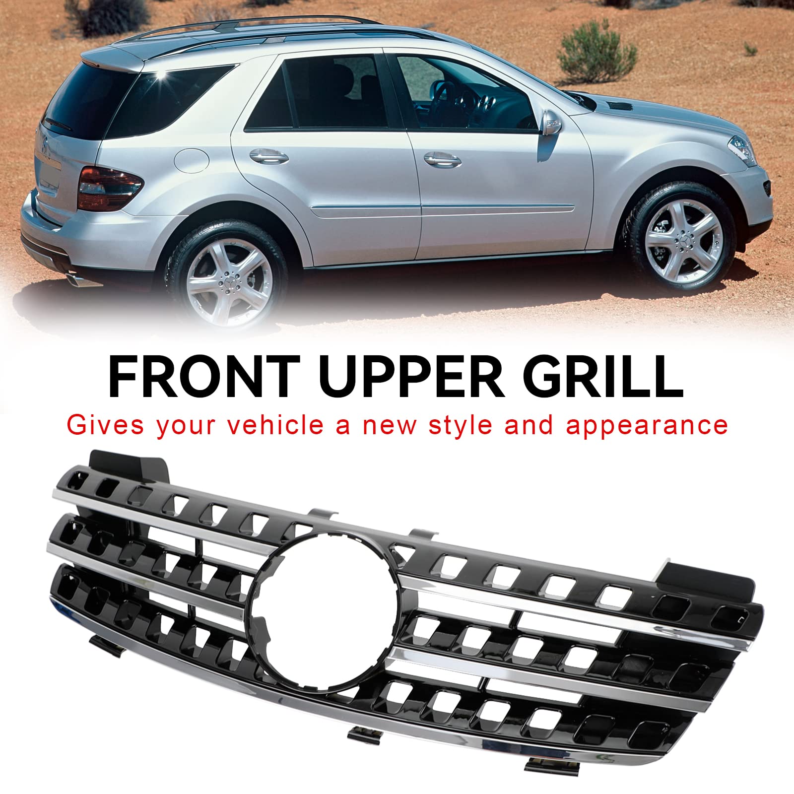 Parrilla del Parachoques Delantero Apto para Mercedes ML-Class W164 2005-2008 Chrome/Black (No Logo)