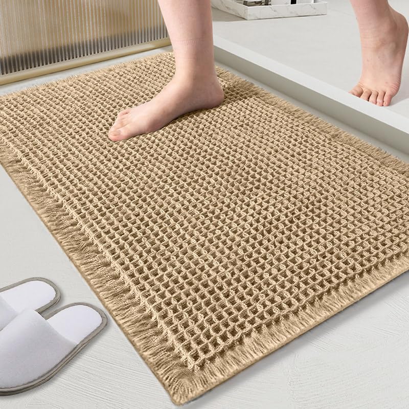 GrusoSP Waffle Bath Mat Super Absorbent Non Slip Bath Mat Machine Washable Bathroom Rug with Tassels Pool Mat Kitchen Mat Bathroom Runner Door Mat Pet