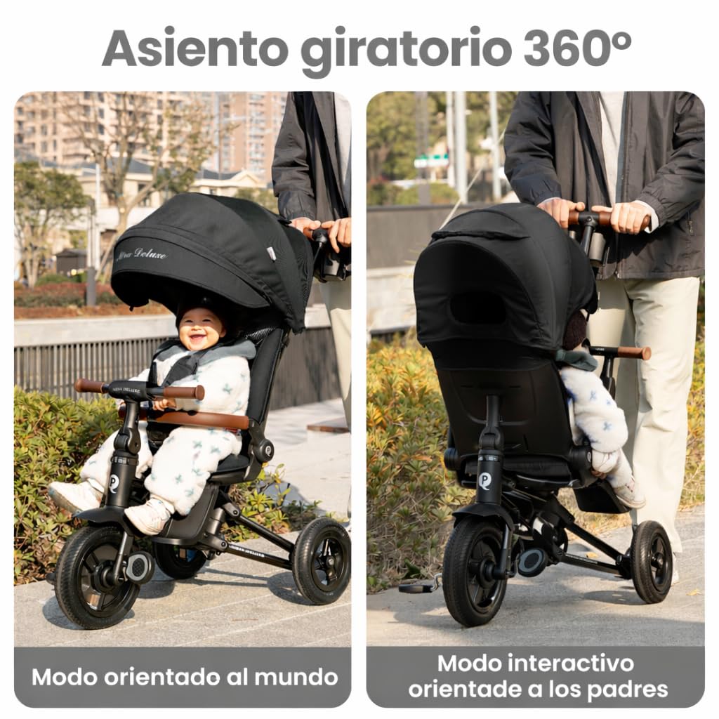 QPlay Carrito Evolutivo Nova Deluxe, con Asiento Giratorio, Plegado Compacto, Capota Ajustable, Cuero Hecho a Mano, Reposapiés y Frenos - Para Niños de 10 a 36 Meses (Negro)