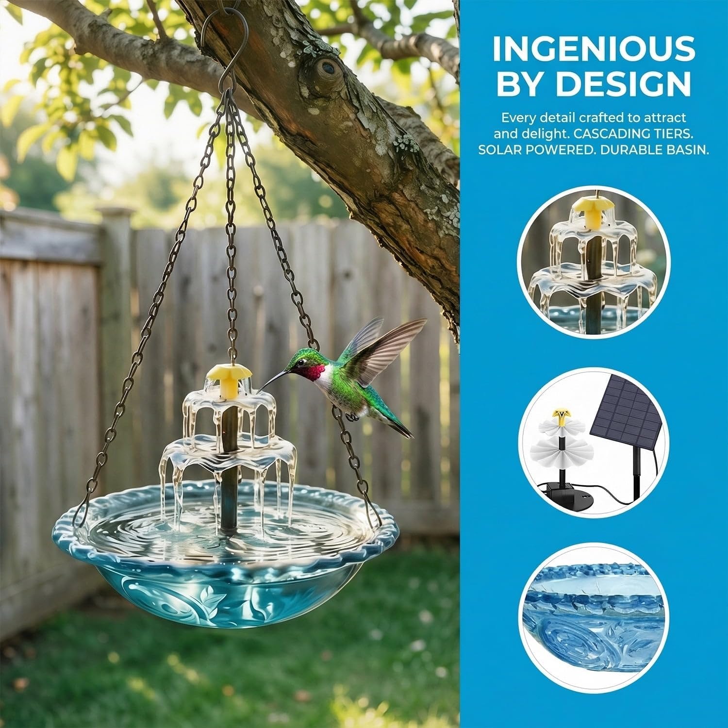 Solar Cascade Hanging Bird Bath Fountain, 2026 Solor Powered Hanging Birdbath Water Fountain, 3 Layers Sunlit Cascade Garden Fountain Outdoor for Hummingbirds (Blue)