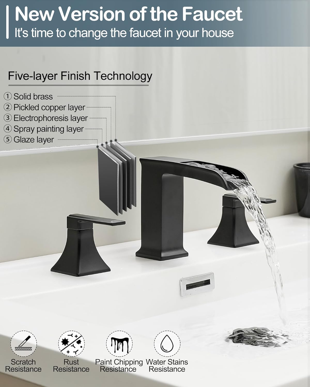 Two 4-16 Inch Waterfall Bathroom Faucet Black and One Brass High Flow Roman Bathtub Faucet Black Tub Faucet, 2 Handle Widespread Faucet for Sink with Pop-up Drain and Pre-Installed Water Hose