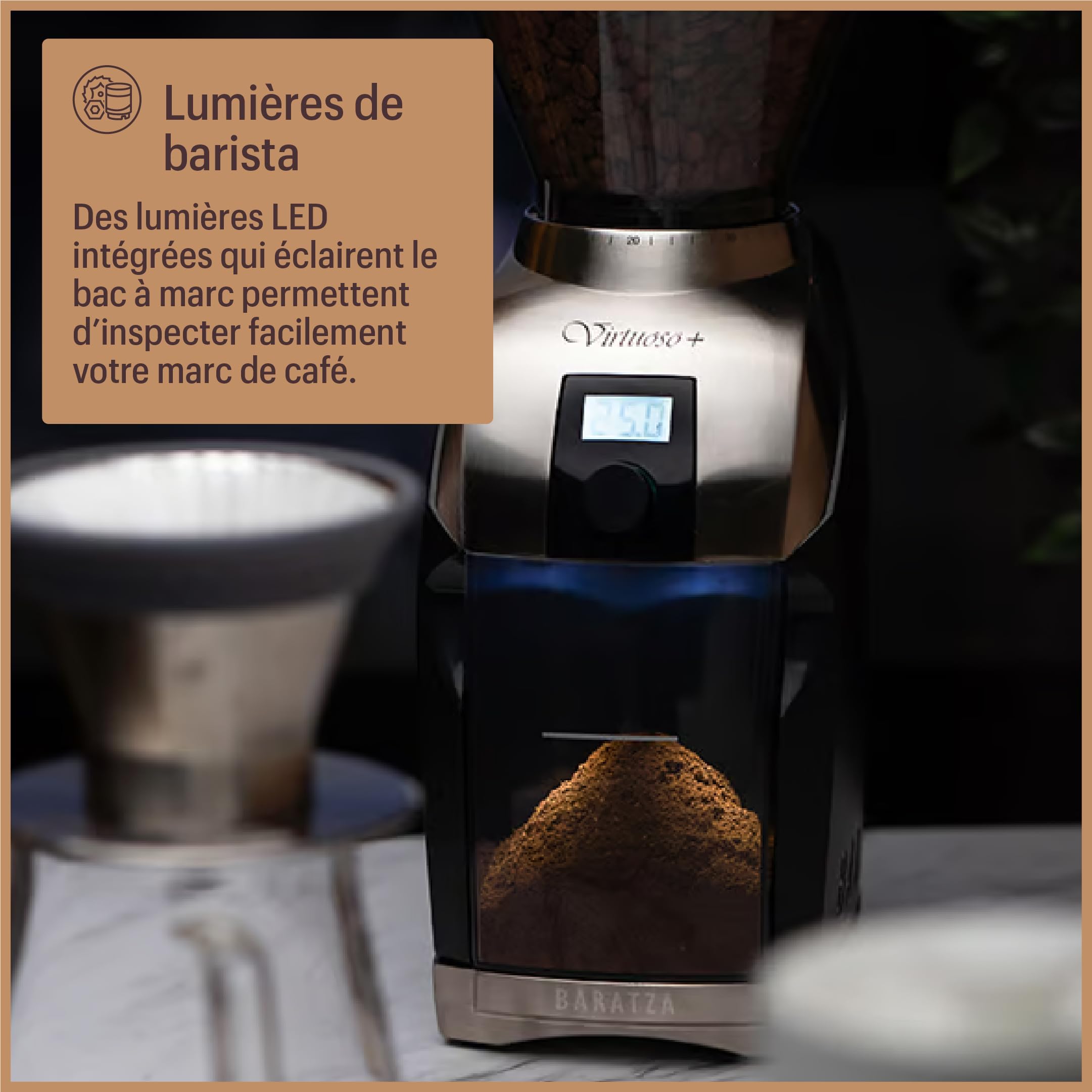 Baratza - Virtuoso+ 230V Coffee Grinder - Moulin à café électrique avec Fraise Conique en Acier, Timer et Lumière Intégrée - Espresso, 300g Capacité de la Trémie - Noir