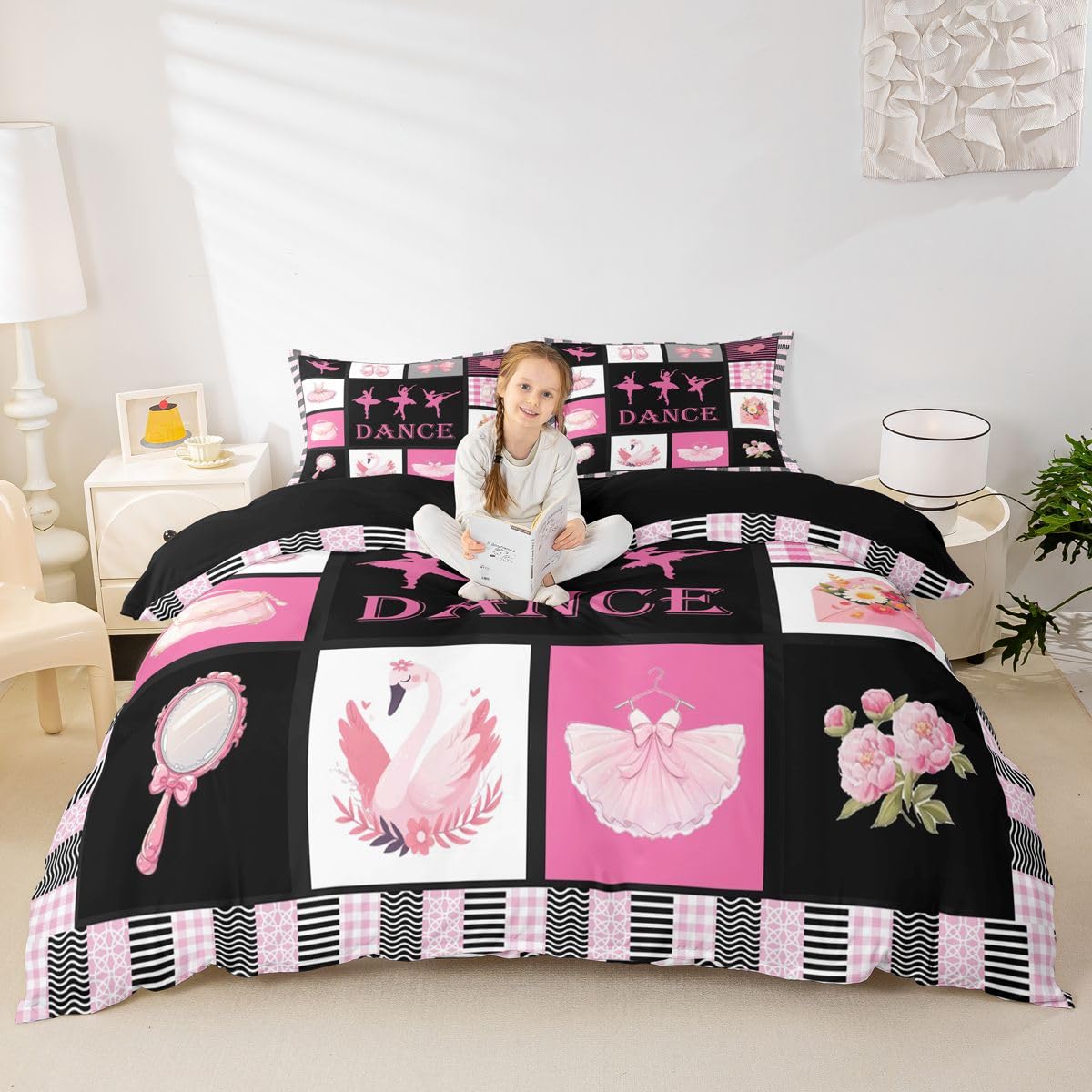 Homewish Czarny Różowy Taniec Motyw Dziewczyny King Zestawy Poszwa Na Kołdrę Balet Buty Tancerz Kokarda Pościel Kokarda Kwiatowa Poszewka Na Kołdrę Kobiety Dorośli Ciepłe Miękkie Pościel Zestaw Łóżek