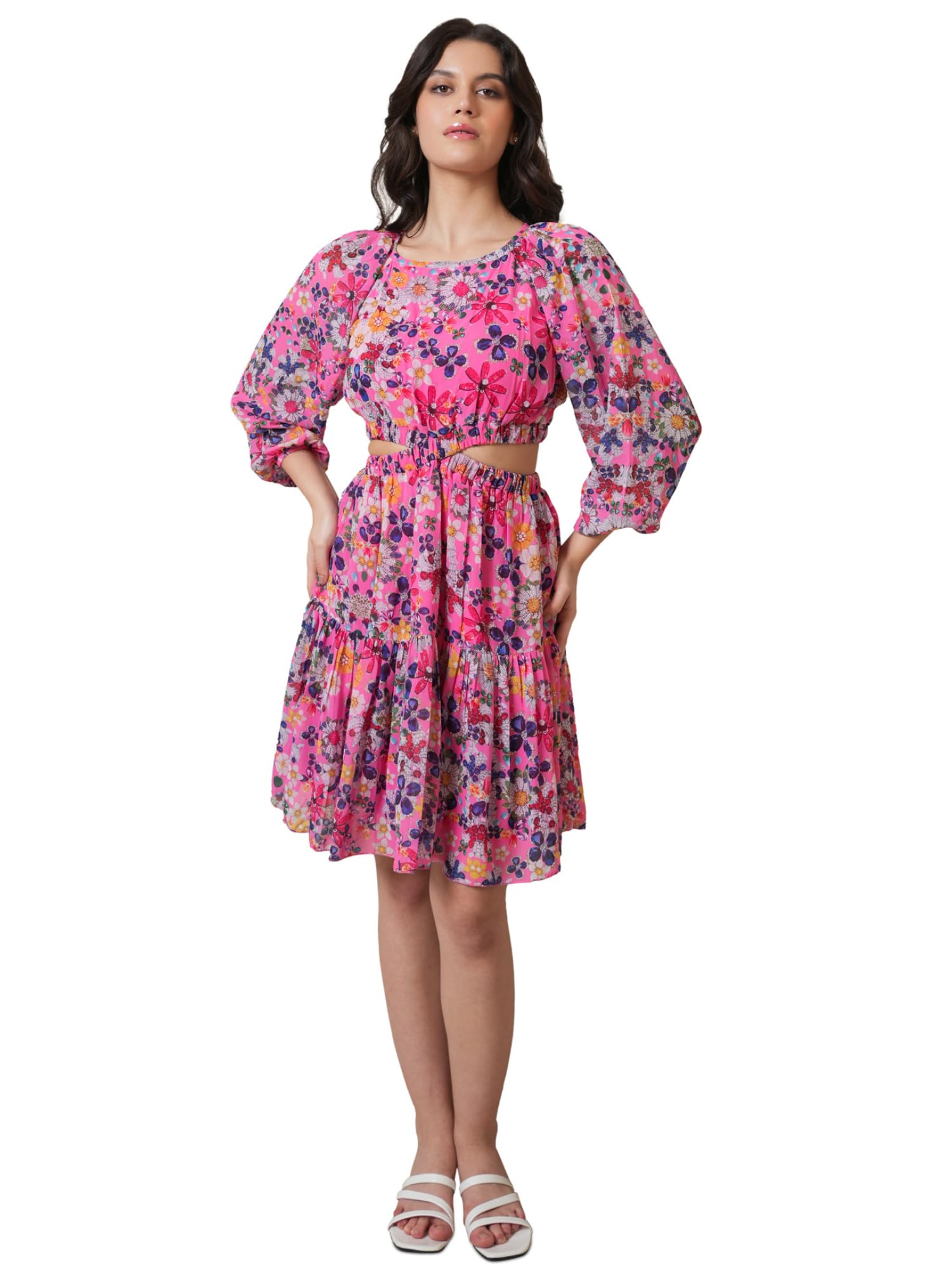 Purvaja Womens Cut Out Above Knee Length Dress (Floe-016_Pink_Small)