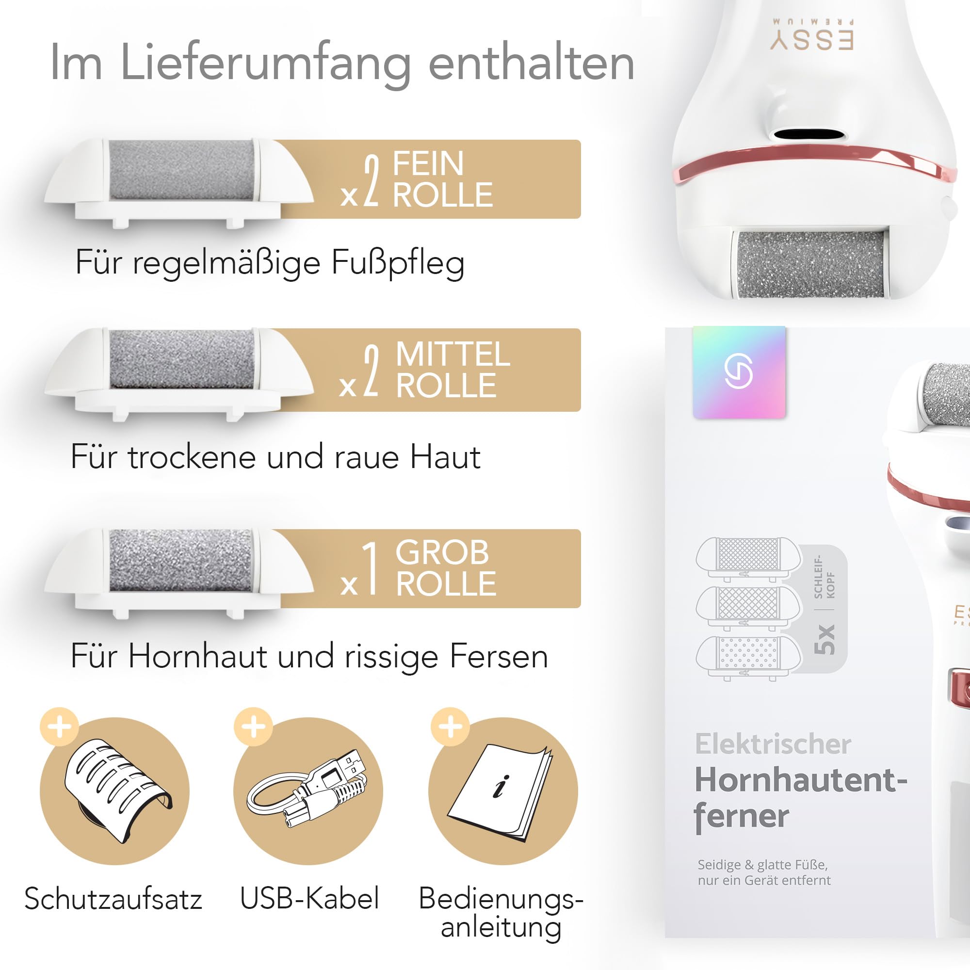 Essy Elektrische Fußfeile Wiederaufladbar mit 5 Austauschwalzen (Weiß) | Für Damen und Herren, Glatte Füße, Wasserdicht, USB-Aufladung, Druckschloss-Sicherheit