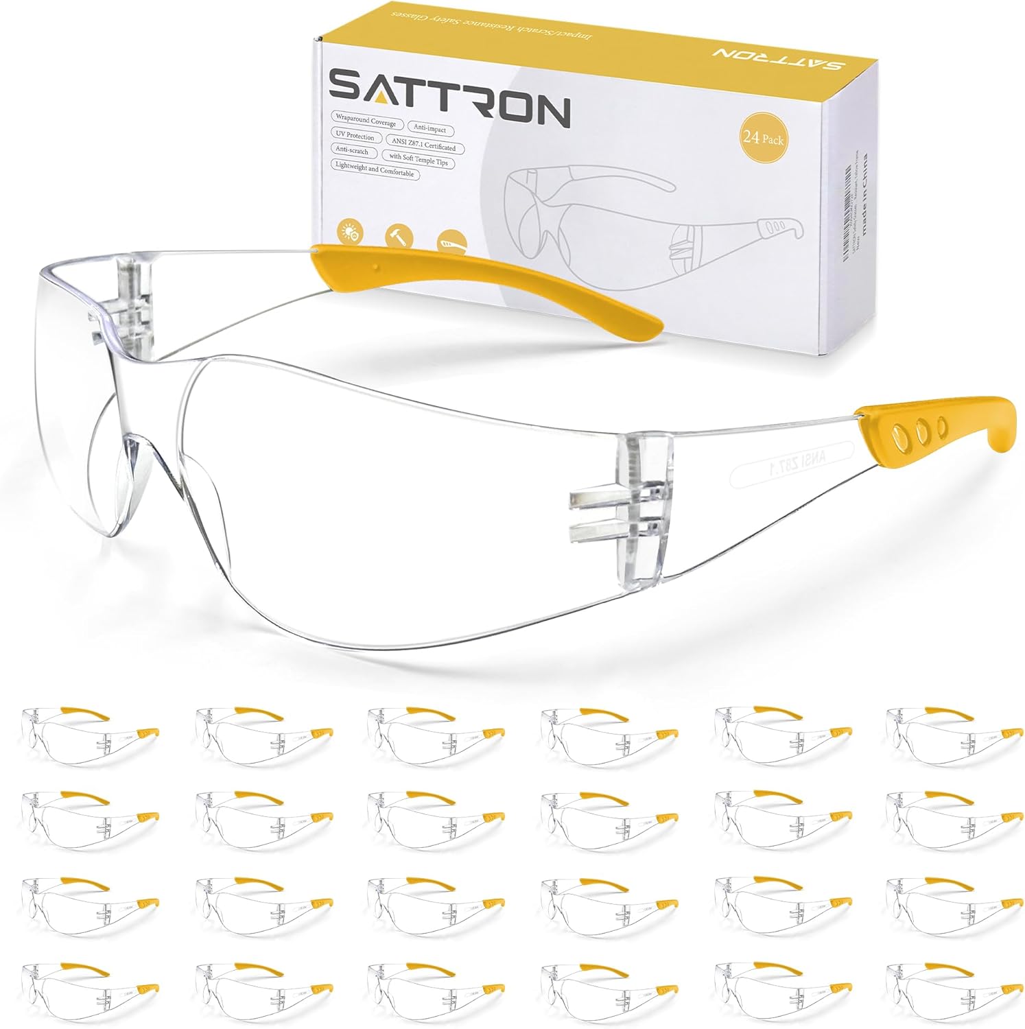 Clear Safety Glasses 24PK, Protective Eyewear Polycarbonate Lens with Rubber Temples ANSI Z87.1 Anti-Scratch Impact Resistant Eye Protection for Man Woman Clear Lens/Yellow Frame