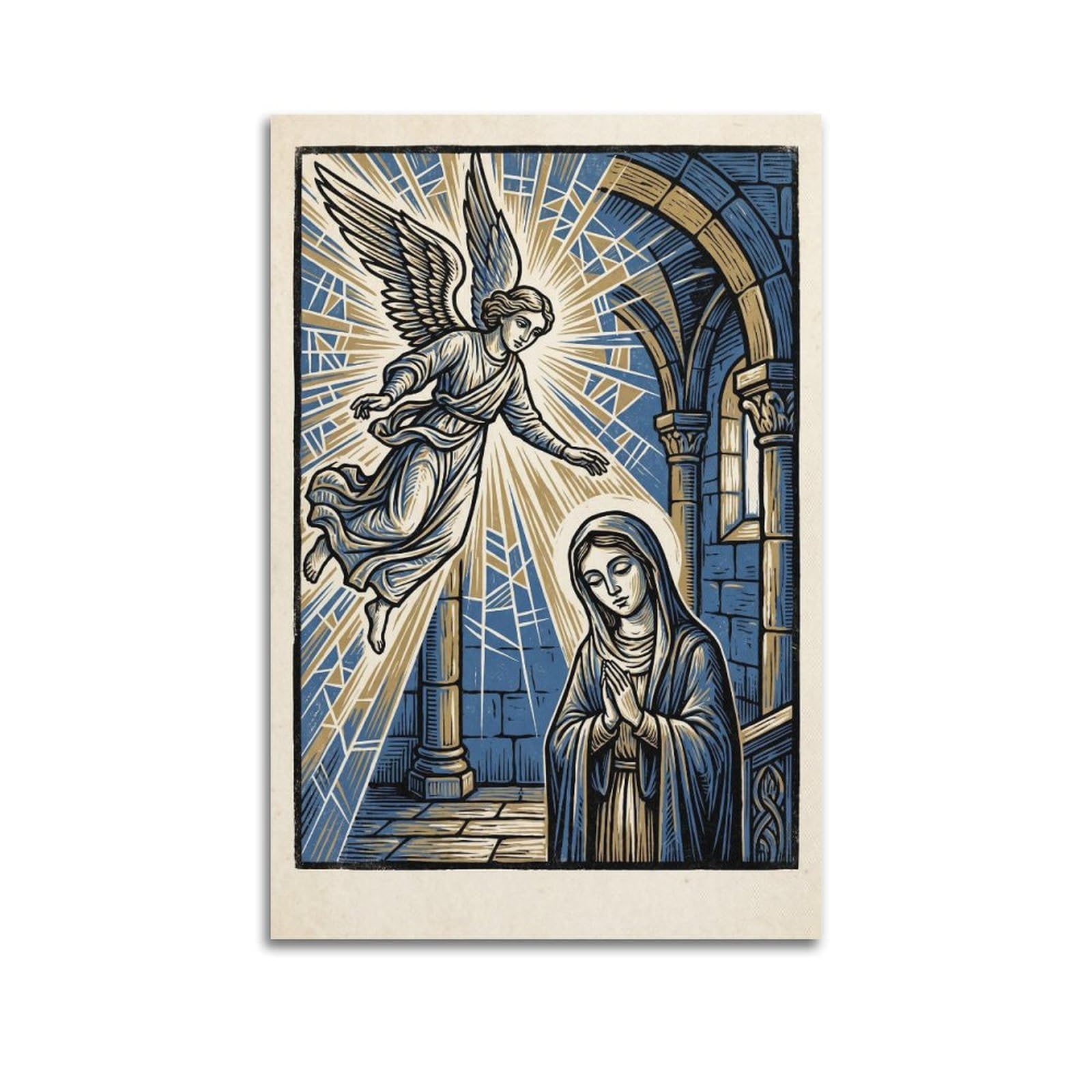 OKNGB Archangel Gabriel Poster Annunciation Mary Blue Gold Holy Decorative Painting Canvas Art Picture 24x36inch(60x90cm)