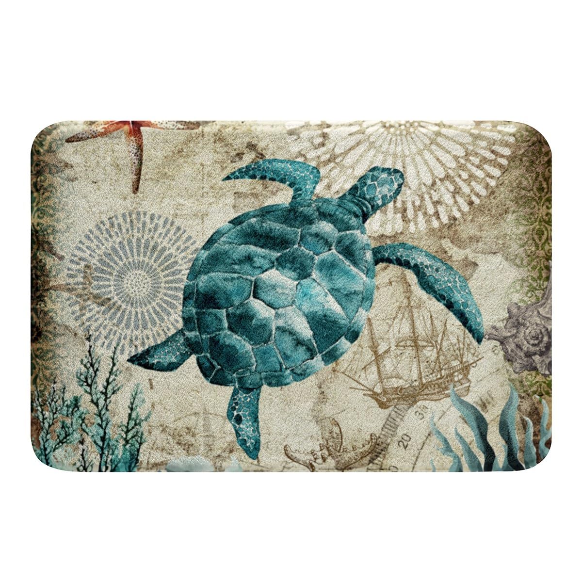 Sea Turtle Bathroom Rug,Watercolor Turtles Floor Door Mats,Ocean Beach Turtle Bath Mat,Teal Blue Nautical Coastal Entryway Rug,Reptile Turtle Bath