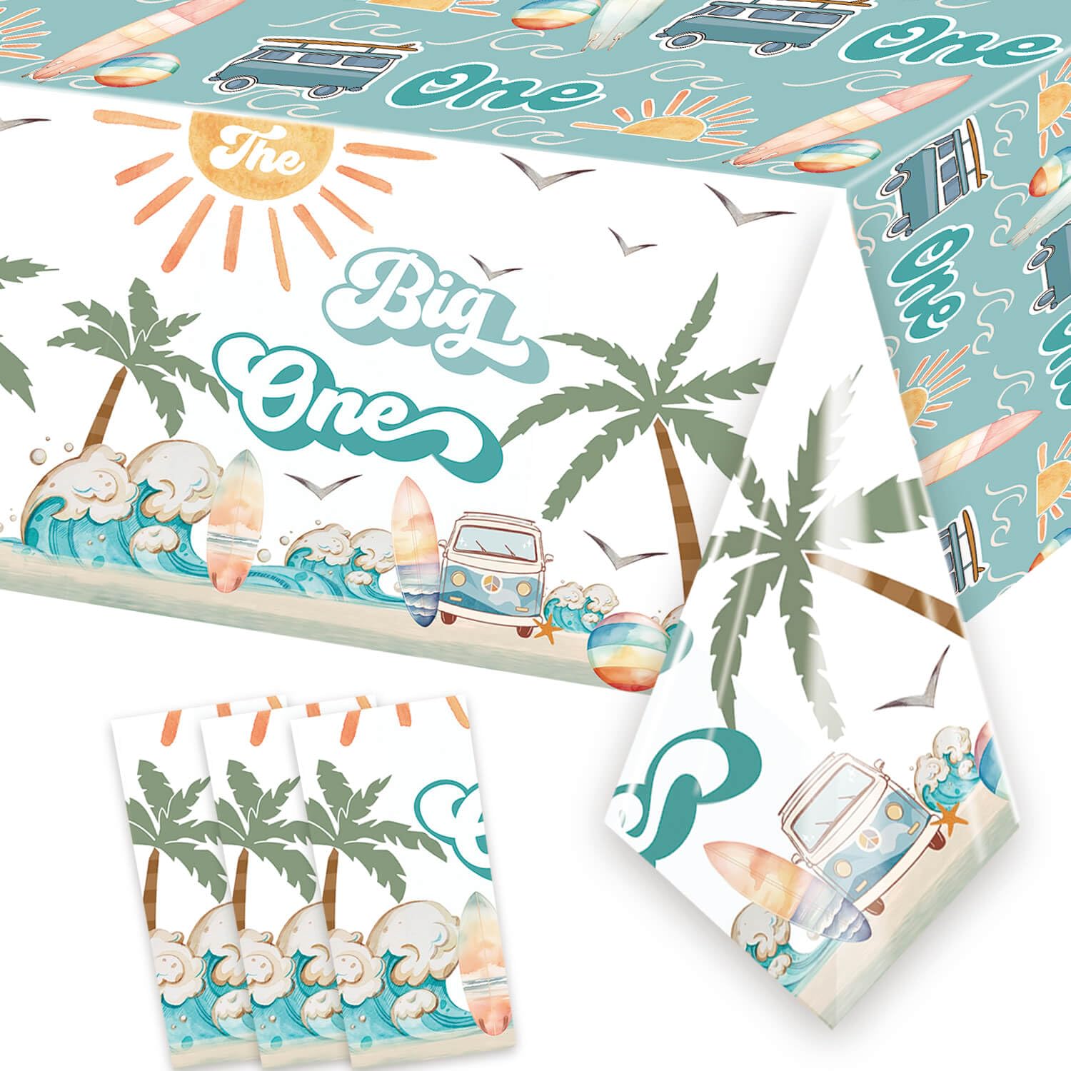 3 Pcs Surf The Big One Tablecloth Surfing 1st Birthday Table Covers for Hawaiian Palm Tree Retro Summer Beach Wave Theme Boy Surfing First Birthday Baby Shower Party Decorations Supplies