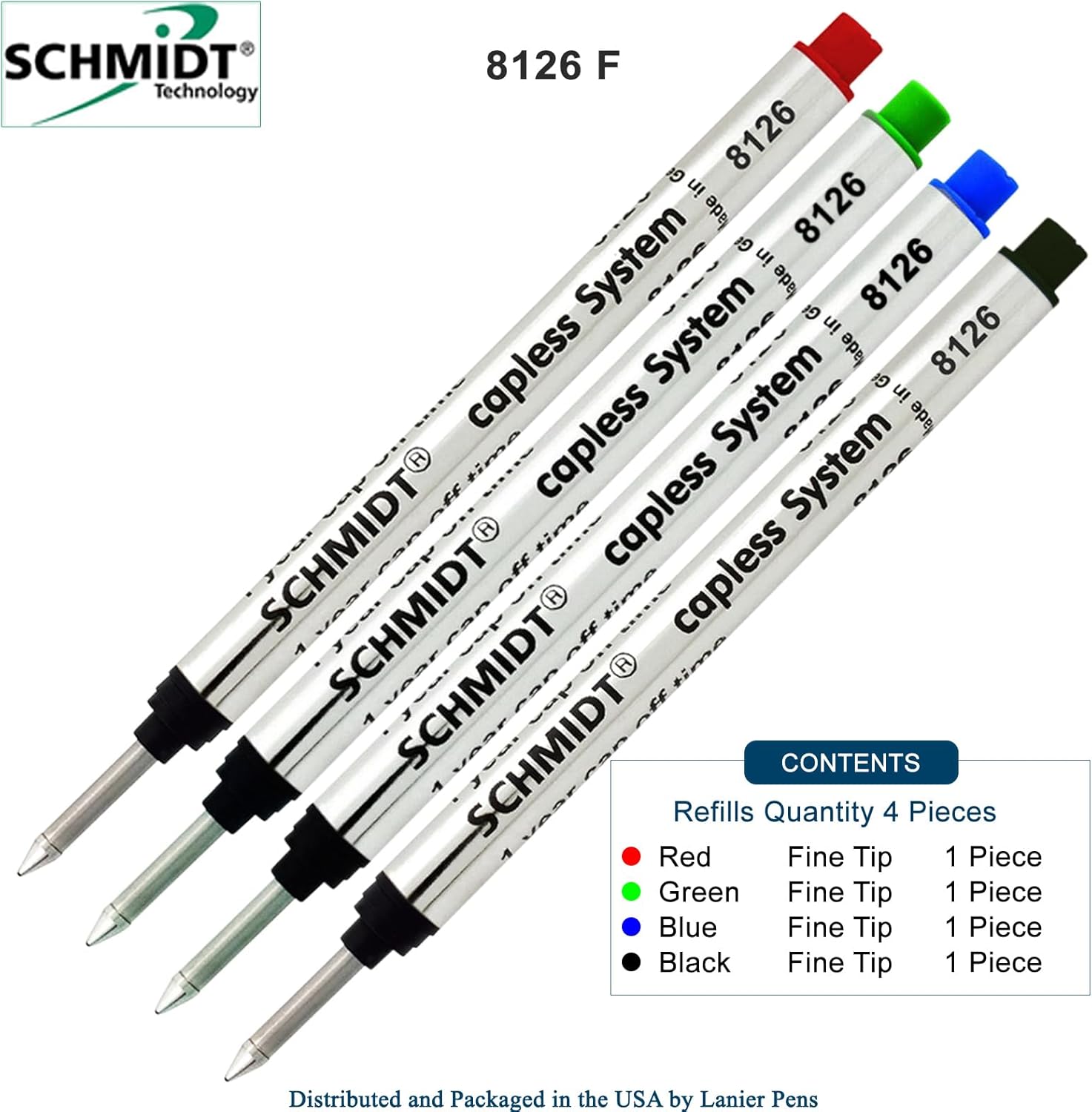 Schmidt 8126 Long Capless Rollerball Refill - Black, Blue, Green, Red Ink (Fine Tip 0.6mm) - Pack of 4