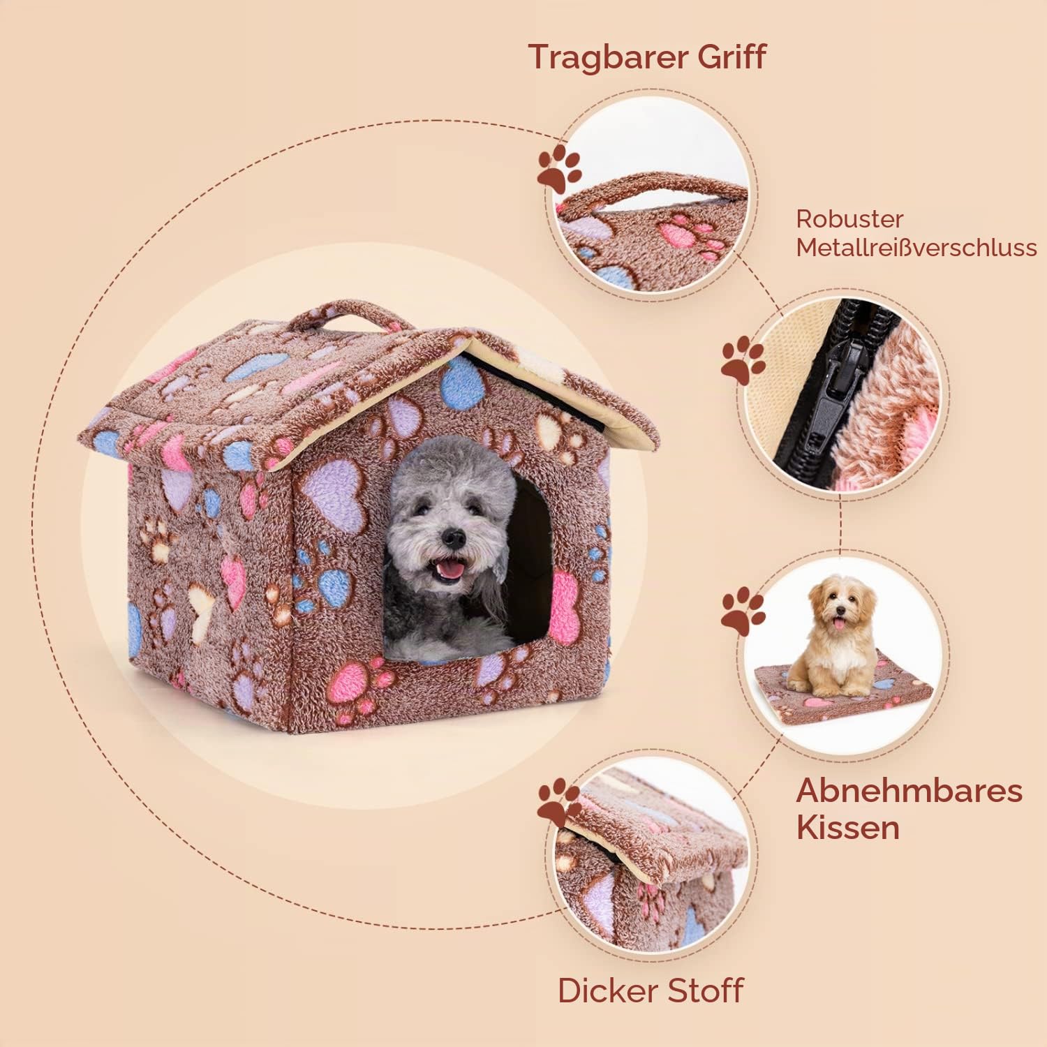 Nobleza Hundehütte für Hunde Katzen, Winterfest Hundehaus 53x50x43cm L, Tragbare Haustier Hundehöhle, Abnehmbar Katzenhaus, Waschbar Schlafplatz, Hundebett mit Abnehmbarem Matratze, Braun