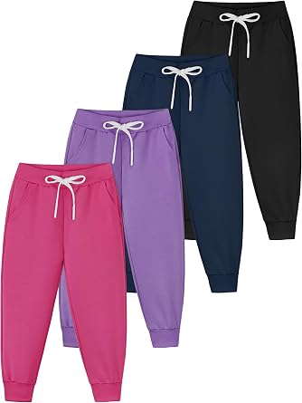 Resinta 4 Pack Girls and Toddler Sweatpants Kids Active Jogger Pants Girls Casual Pull On Pants with Drawstring Pockets