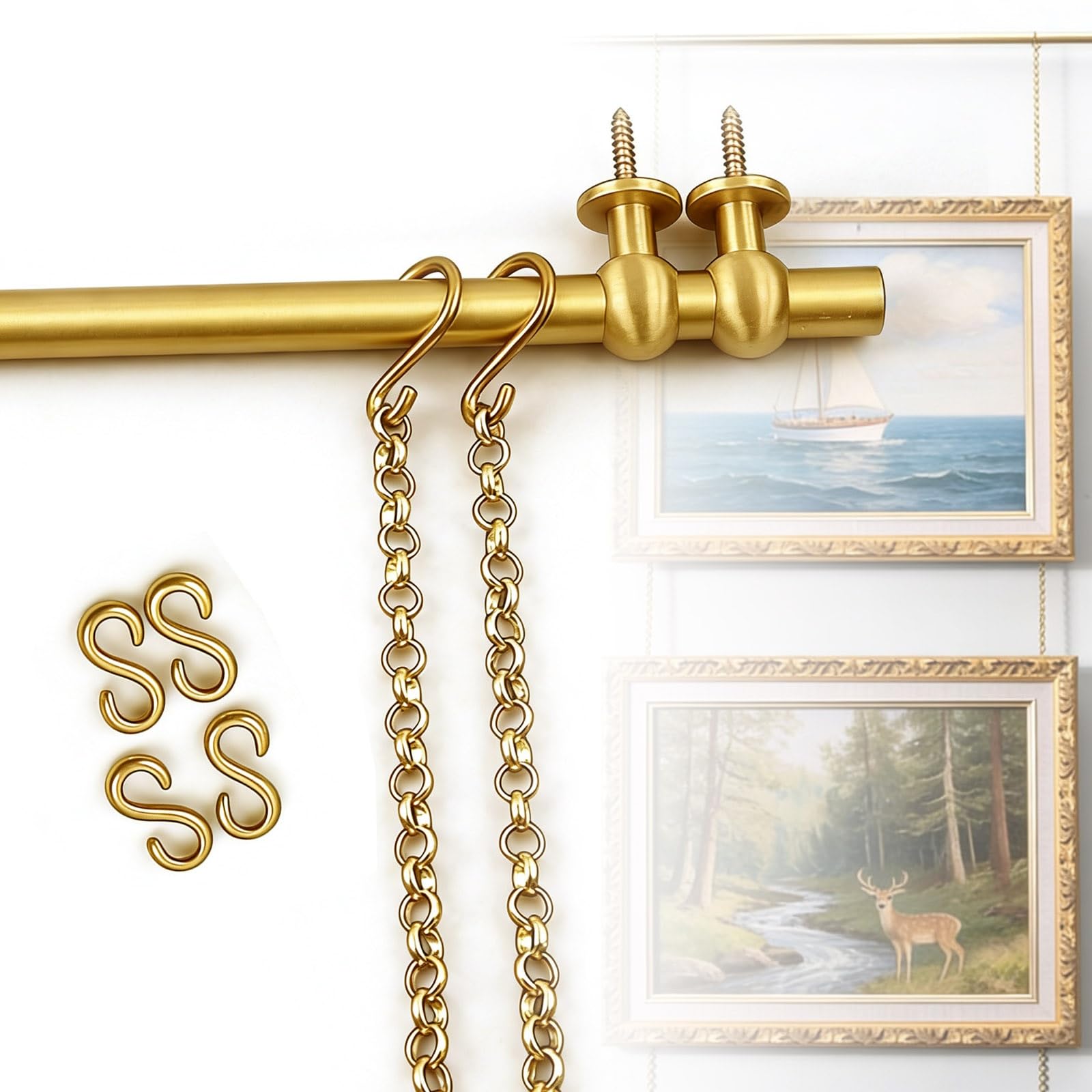 Brass Picture Rail Hanging System, Ideal for Home Decor and Museum Artwork Display with Chain and Hooks 1Pc(0.9m(35.4") Rod)