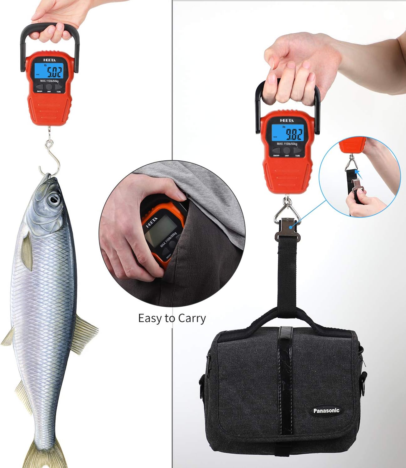 HEETA Fish Scale with Backlit LCD Display, Up to 110lb/50kg Digital Portable Hanging Fish Weight Scale with Hook & Measuring Tape for Home, Farm, Outdoor, Hunting, Fishing, 2 AAA Batteries Included