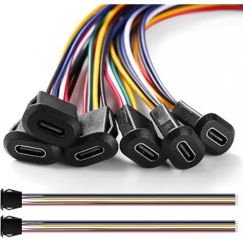 6 Pieces 3A 6-Pin USB-C Female USB C Female with Snap Groove Buckle 6-Wire Installation Type C Female with 150 mm 24 AWG Wires Black