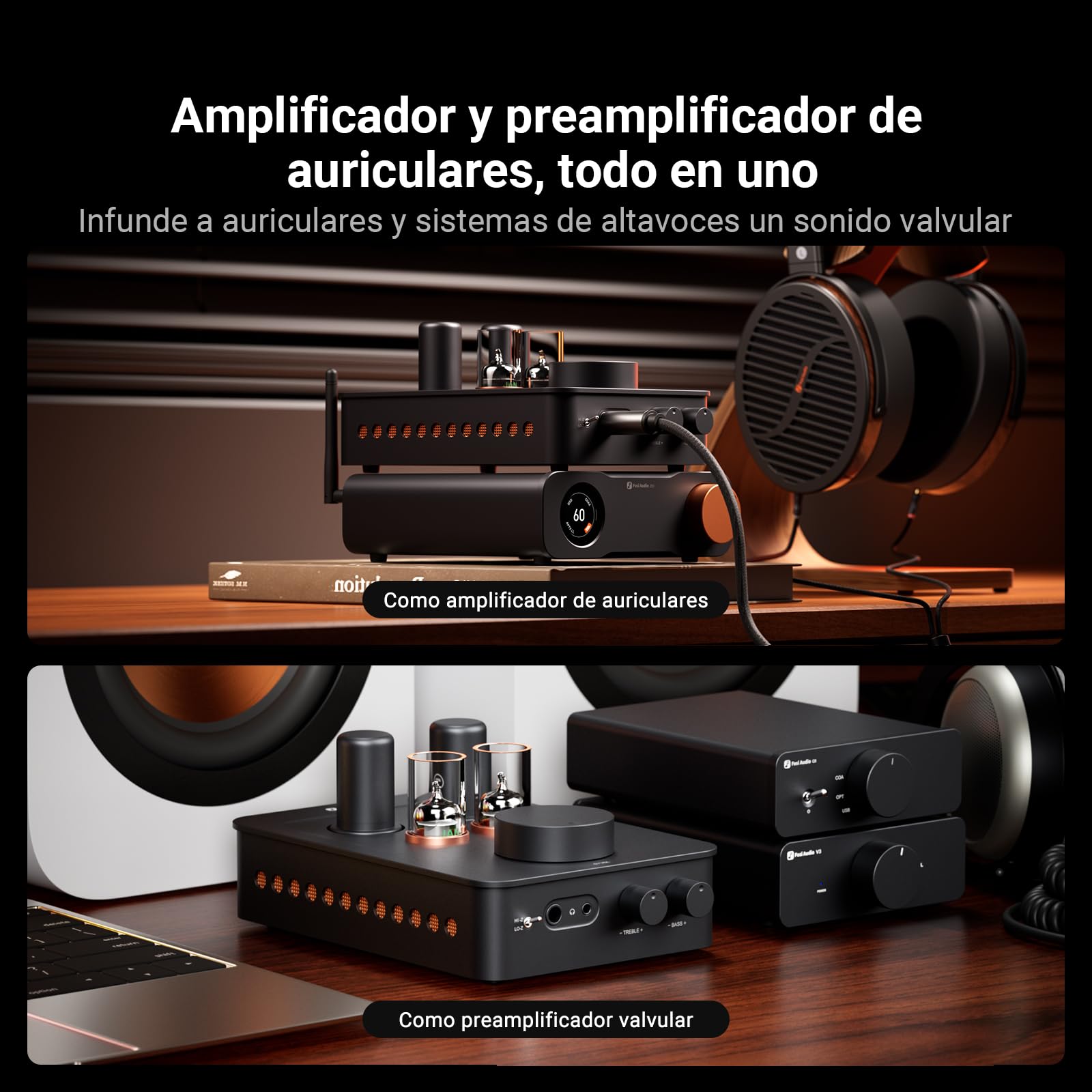 Fosi Audio GR70 Preamplificador de Auriculares, Auténtico Amplificador a Válvulas con Vacío 5654W*2 y 6AC7*2, Mini Preamplificador HiFi para Audio Doméstico, Compatible con Impedancia de 16-300 Ohmios