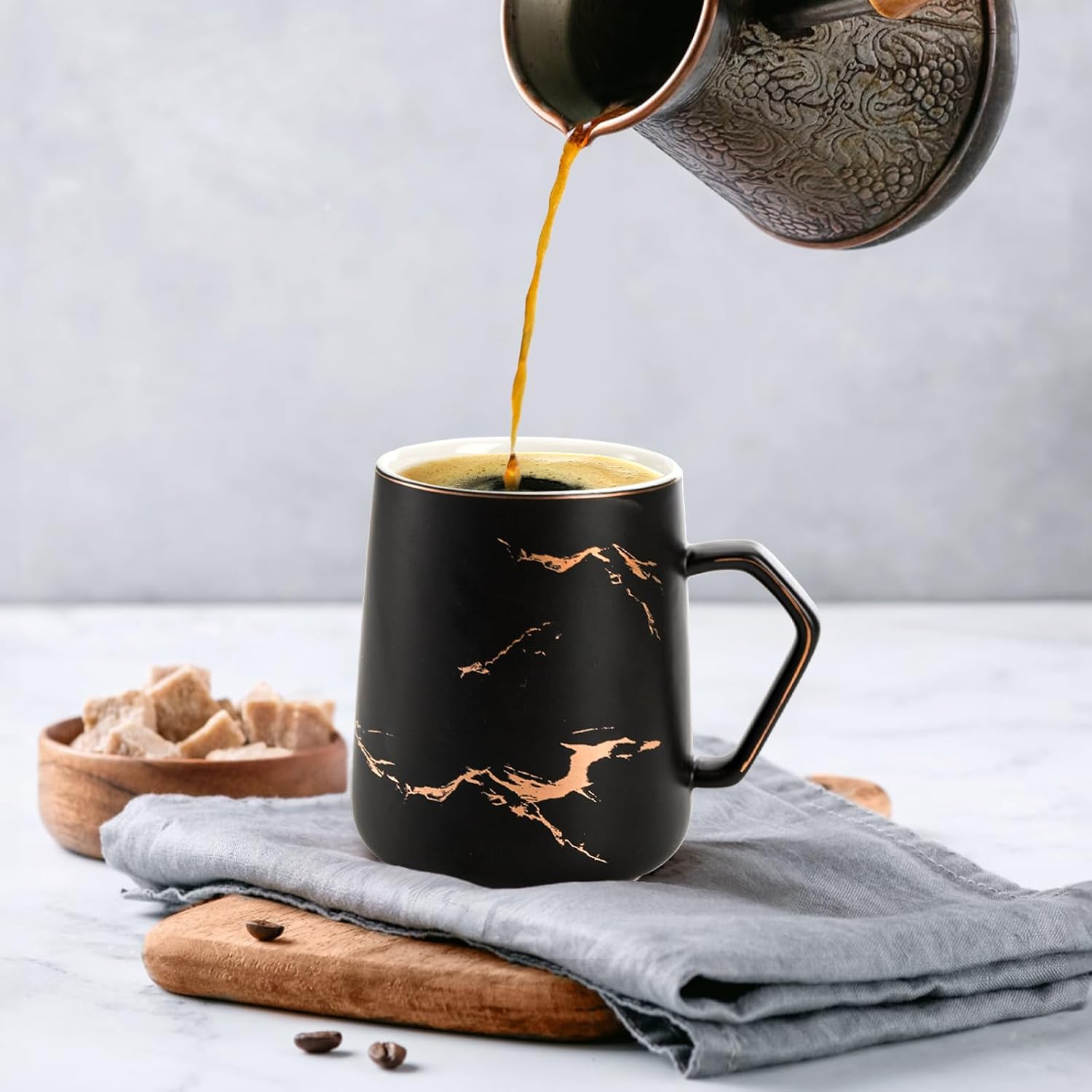 ZENFUN 2 Pack Ceramic Mug Set for Couple, Coffee Mugs with Gift Box, Engagement Wedding Gift 13.5 oz Porcelain Mug Set with Lid and Gold Spoon Marbling, His and Hers, Christmas( Black&White) - Image 9