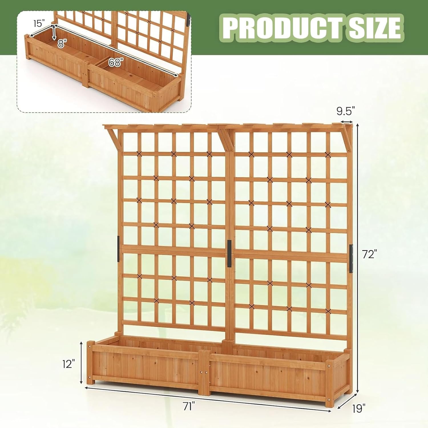Raised Wooden Planter Box with Lattice Trellis,Elevated Garden Bed Hanging Roof & Drainage Holes,for Vine Climbing Plant, Flower, Herb & Vegetable