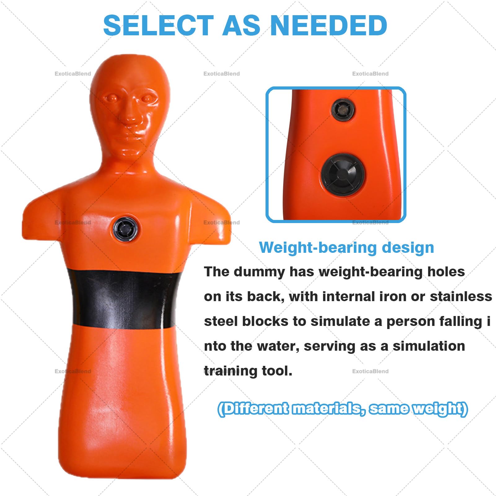 Chupete de entrenamiento de rescate acuático, llenado y drenaje rápidos, 110 libras, para uso personal e institucional, color naranja inoxidable