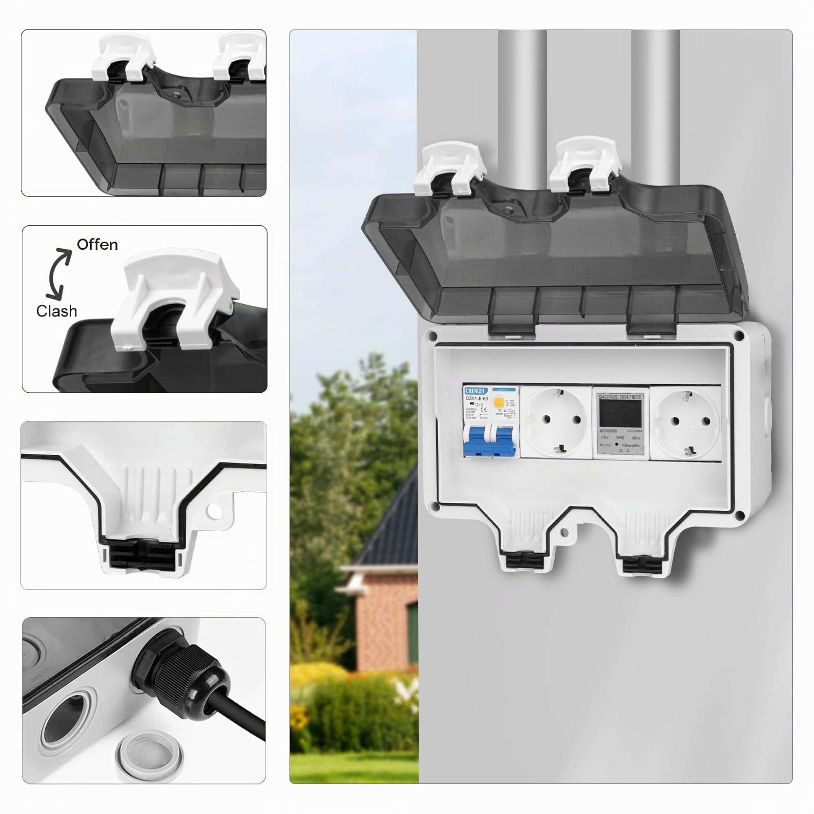 Verteilerkasten Aufputz mit Stromzähler,Kleinverteiler Aufputz Complete with Leckschutz 16A and Socket,Surface-Mounted Distribution Box wasserdichte IP66|8 Modules