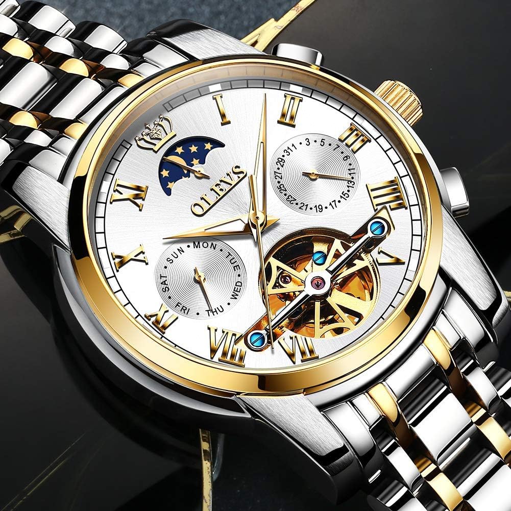 OLEVS Couple Pair Watch Automatic for Men and Women His and Hers Watches Set Gifts Mechanical Self-Winding Tourbillon Big Face Dress Wristwatch with Day Date Calendar Two Tone