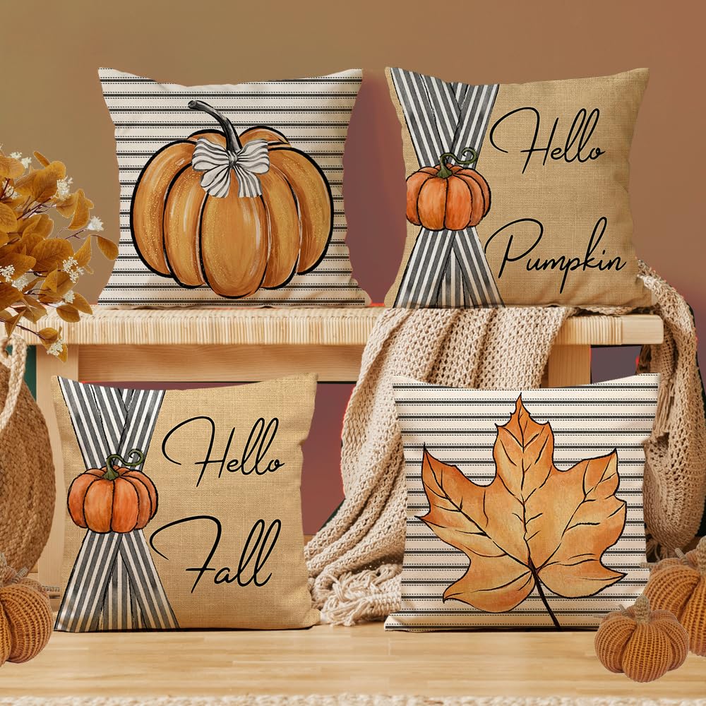 Herbst Kissenbezüge Mit Kürbis Motiv - 2er Set 45x45cm Bauernhaus Deko