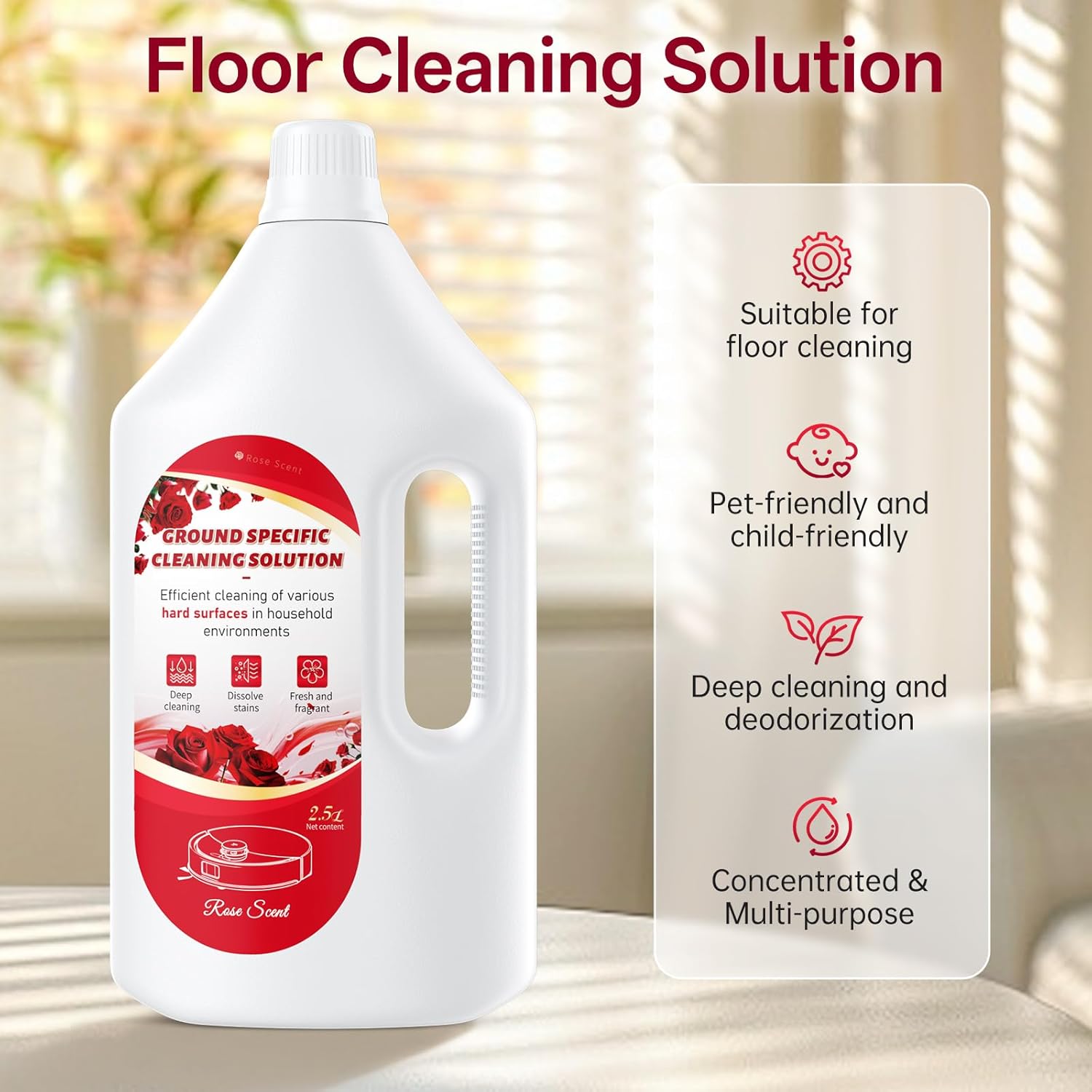 2.5L Floor Cleaning Solution Compatible with Roborock/Eufy/iRobot/Ecovacs/Dreame/Shark, Fragrance Deodorization, Deep Cleans for Multiple Hard Floors (2.5 Liter, 【Rose】)