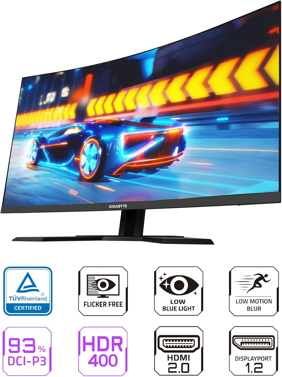 Monitor with icons representing key features like TÜV Rheinland, Flicker-Free, Low Blue Light, Low Motion Blur, DCI-P3, HDR400, HDMI 2.0, DisplayPort 1.2
