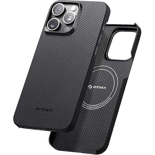 pitaka MagEZ Case 4 for iPhone 15 Pro, 6.1-inch, Slim & Light with Case-Less Touch Feeling, 600D Aramid Fiber, Black/Grey (Twill)