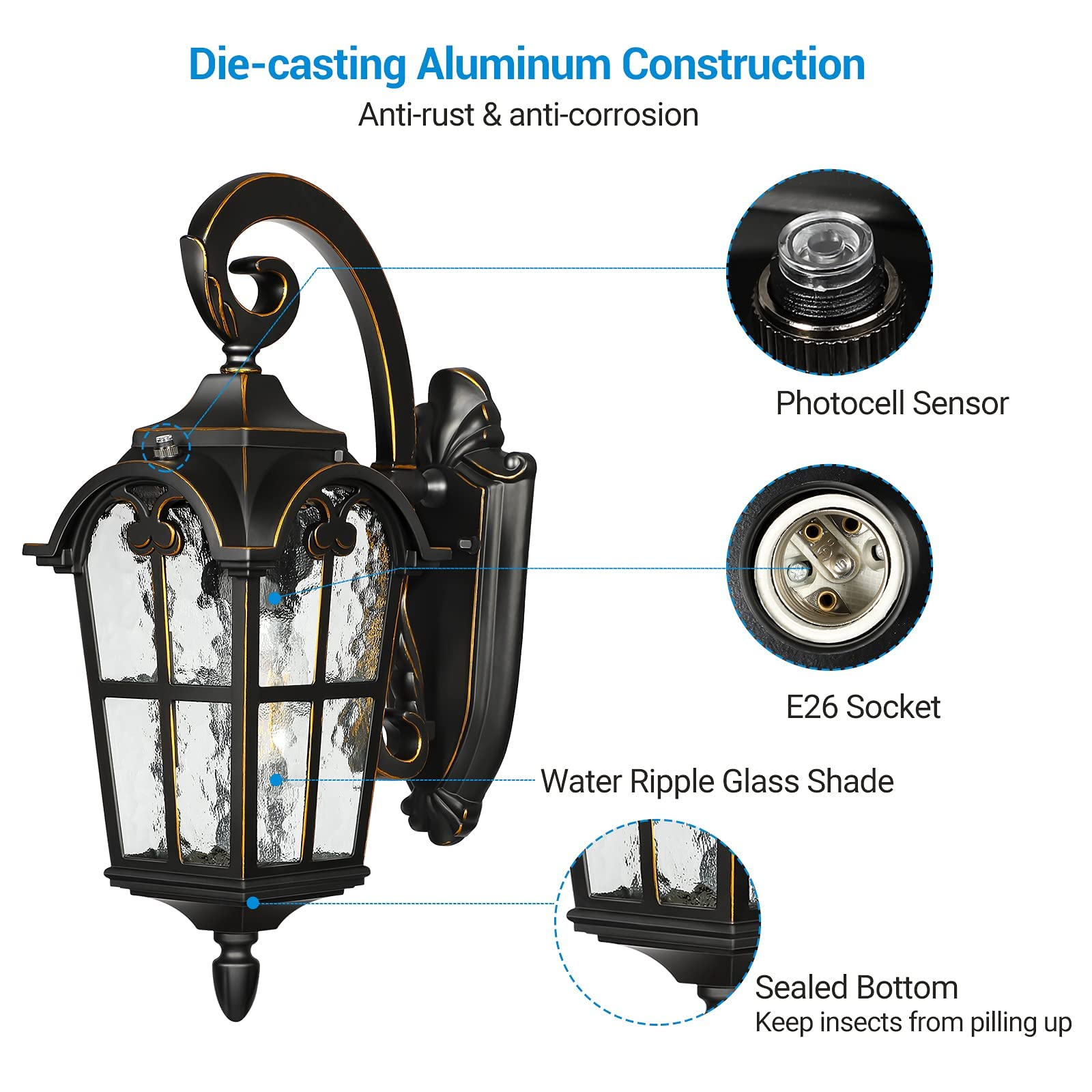 DEWENWILS Dusk to Dawn Outdoor Wall Light Fixture Wall Mount, Black Roman 17.7" H Exterior Wall Lantern Porch Light Water Ripple Glass, Waterproof Wall Sconce Lamp for House Garage Doorway, ETL Listed
