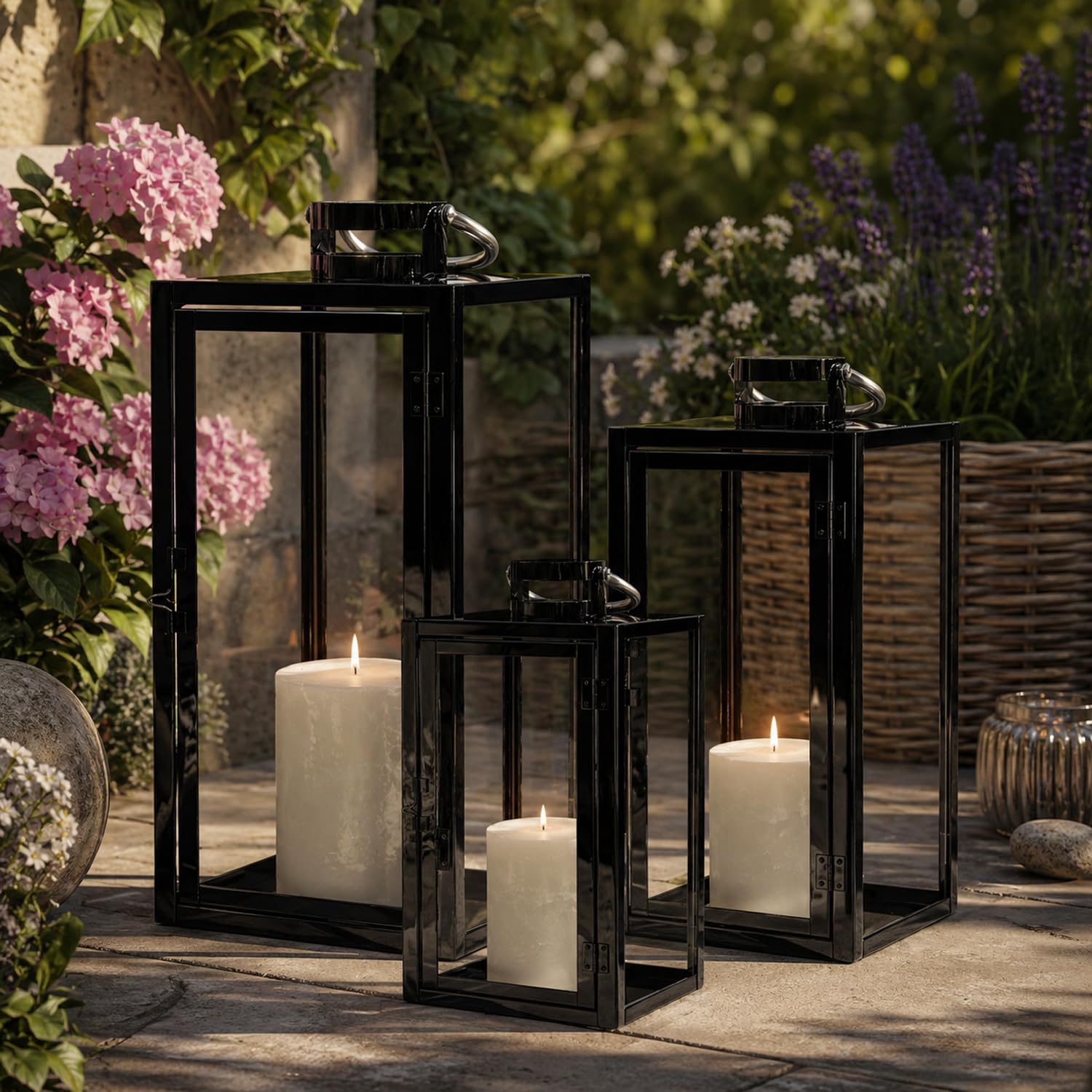 Mojawo 3er Set Windlicht Gartenlaternen Laternenset Laterne Metall Glas Aussen Schwarz H30/40/53cm