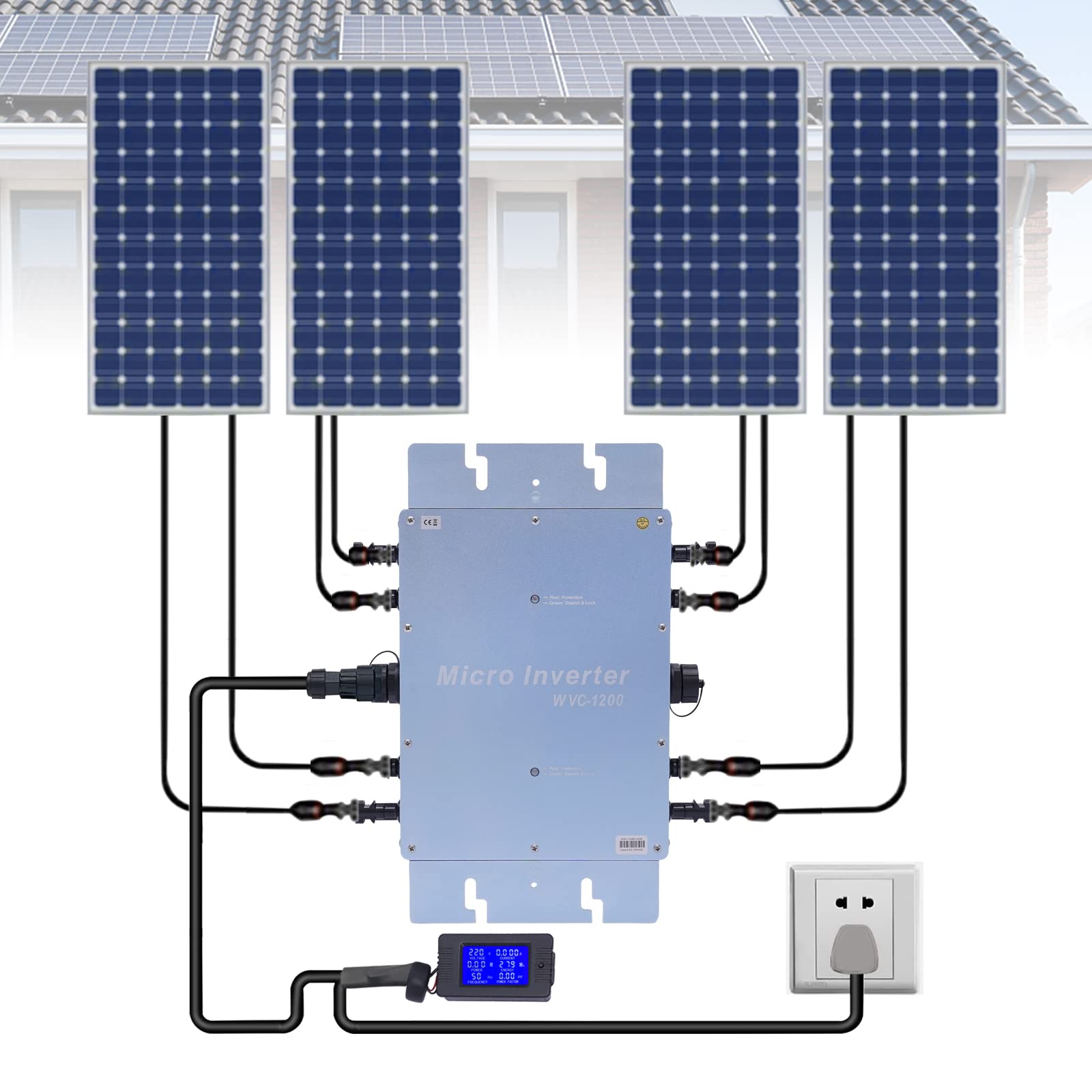 Inversor solar microinversor 1200 W 220 V impermeable con pantalla LCD pantalla solar inversor de red para paneles solares de 30 V o 36 V, funciona con pilas de 36 V