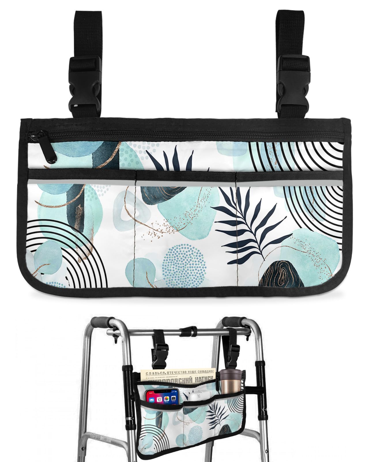 Boho Tropical Leaves Wheelchair Side Bag Walker Bag, Blue Green Abstract Art Neutral Wheelchair Accessories Armrest Pouch, Organizer Storage Bag for Walkers, Rollators, 7.3''x13''