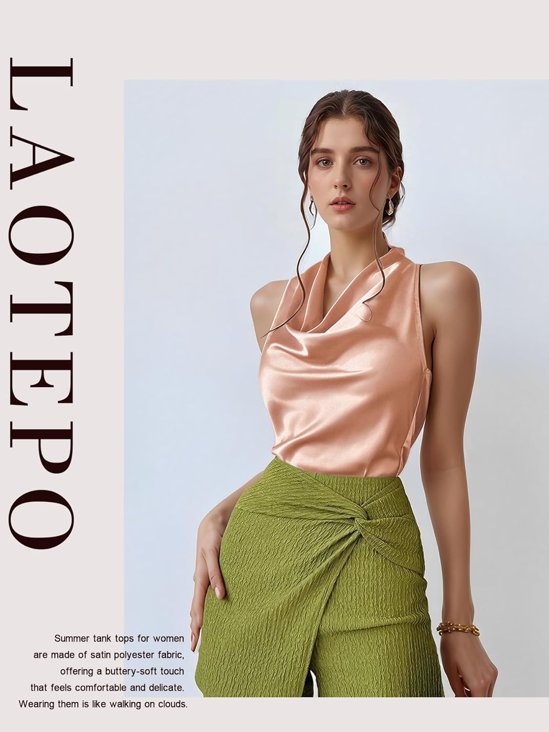 LAOTEPO Cowl Neck Halter Tops for Women Silk Satin Going Out Tank Top Trendy Summer Camisole Business Casual Blouses Outfits