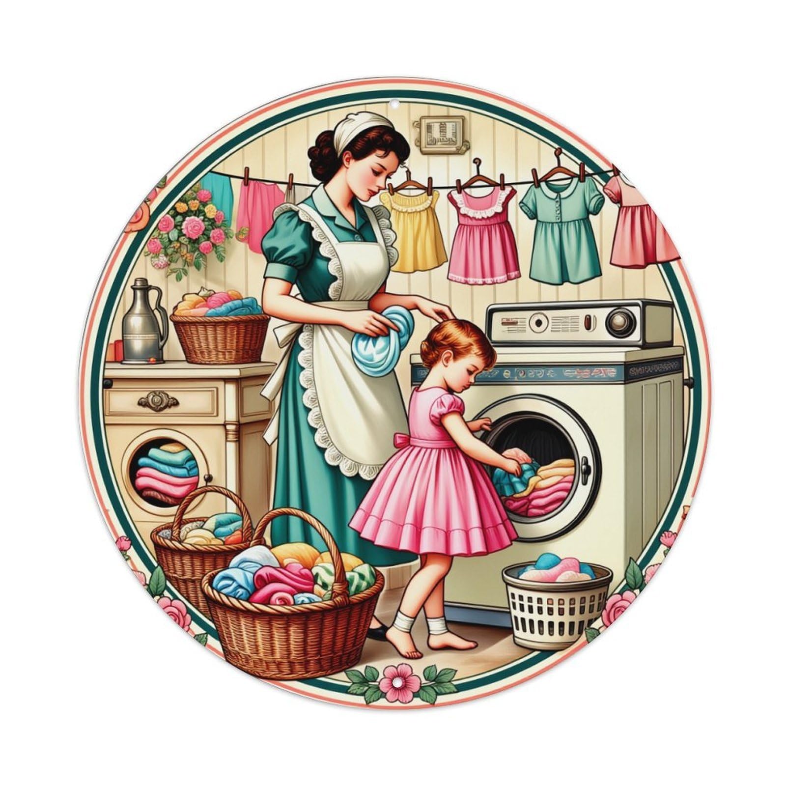 Vintage Laundry Scene Mother Daughter Round Tin Sign Retro Metal Sign for Cafe Bar Pub Home Game Room Gym Club Wall Decoration Vintage Metal Poster 8x8 Inch