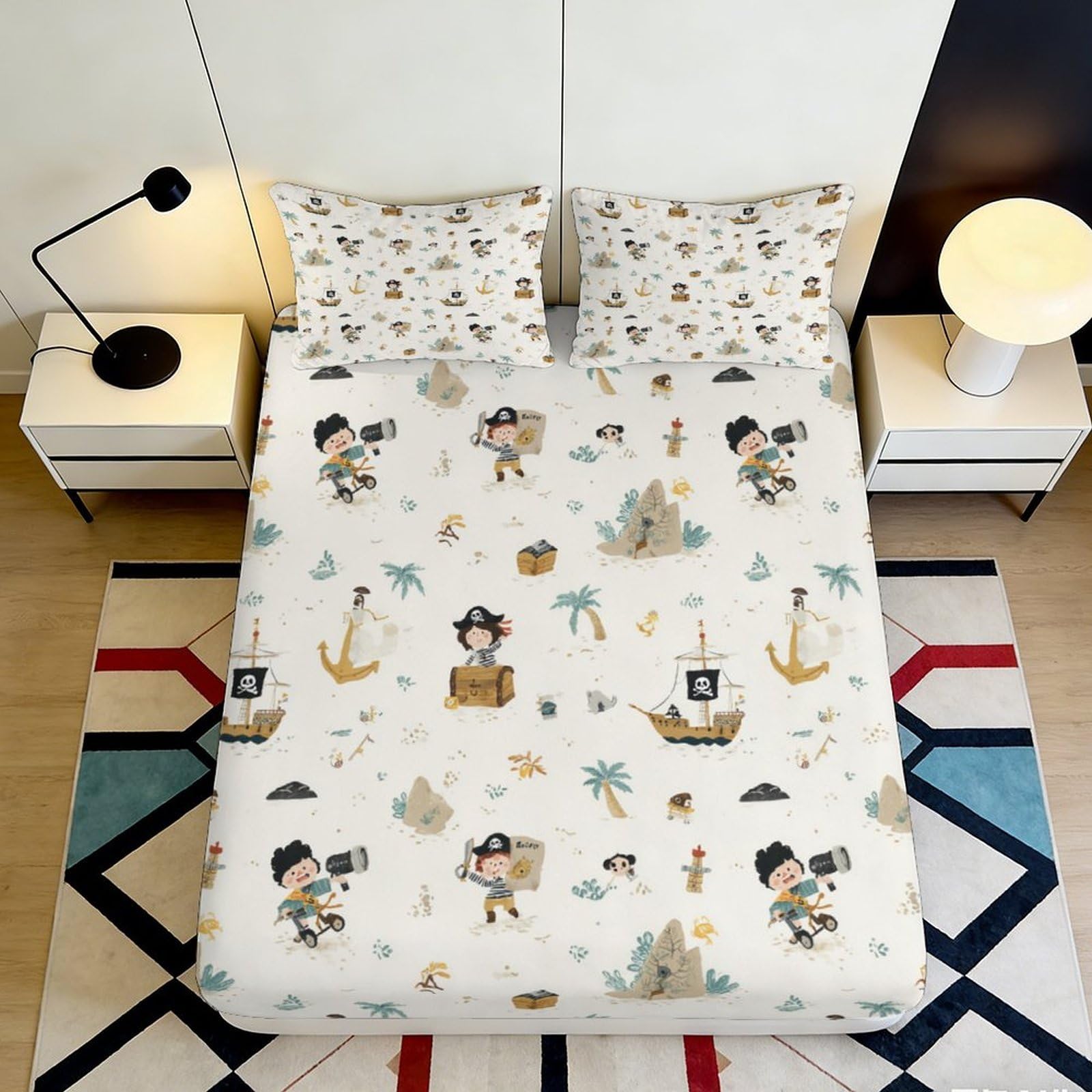3D Printed Pirate Adventure Fitted Sheet Microfiber Soft Breathable Treasure Map Bed Cover for Bedroom Dorm Decor 120x200x25cm