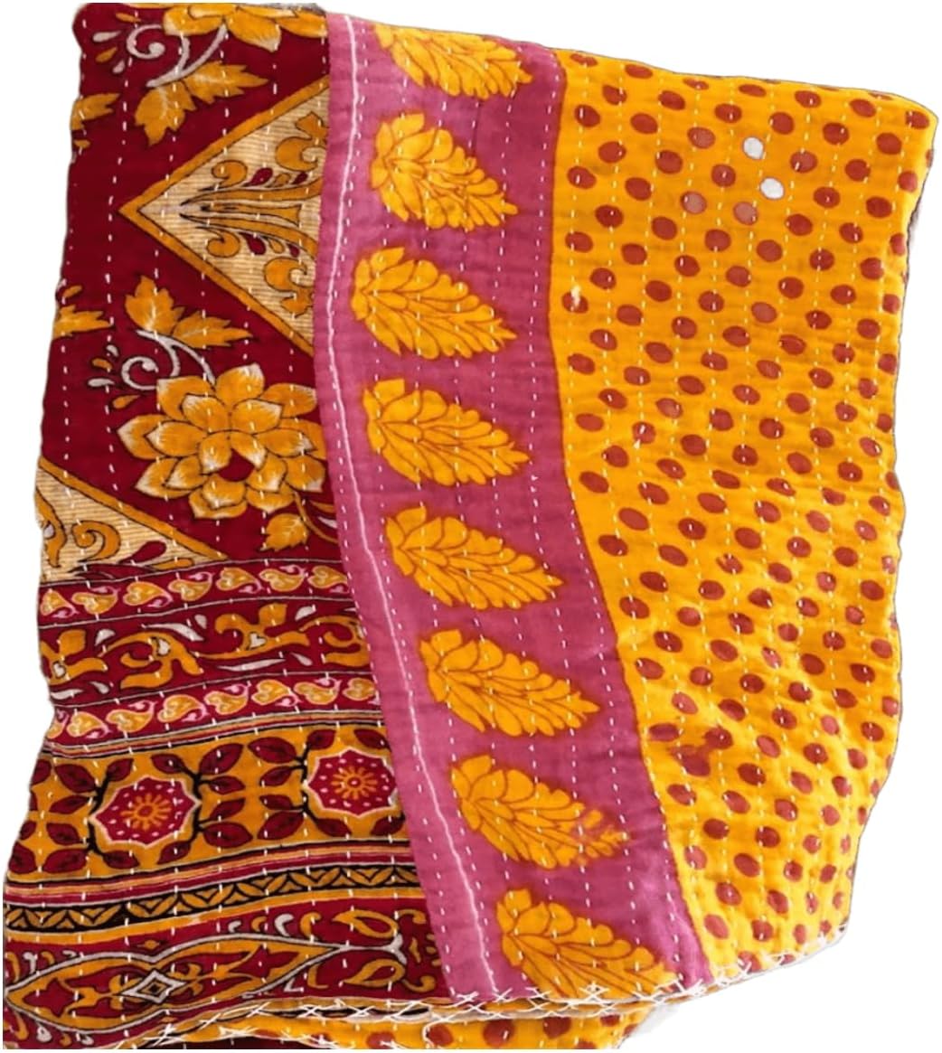 Indian Tribal Kantha Quilts Vintage Cotton Bed Cover Throw Old Sari Made Assorted Patches Made Rally Whole Sale Blanket (55X85 Inches) Twin Size, Multicolor, KQ-001a